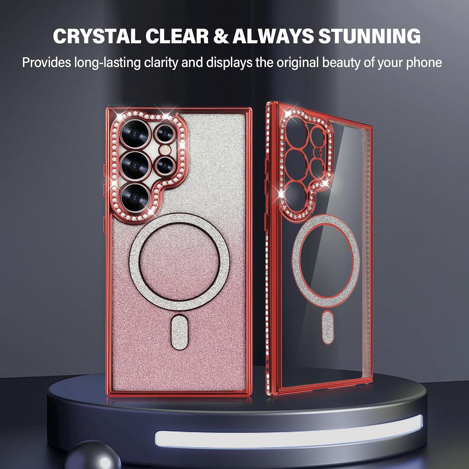 Omio Magnetic Glitter Case for Galaxy S26 Ultra Compatible with MagSafe, Luxury Plating Bling Gradient Rhinestones Diamond Cover for Women Girls Soft Silicone Cute Clear Shockproof Case Red image 5