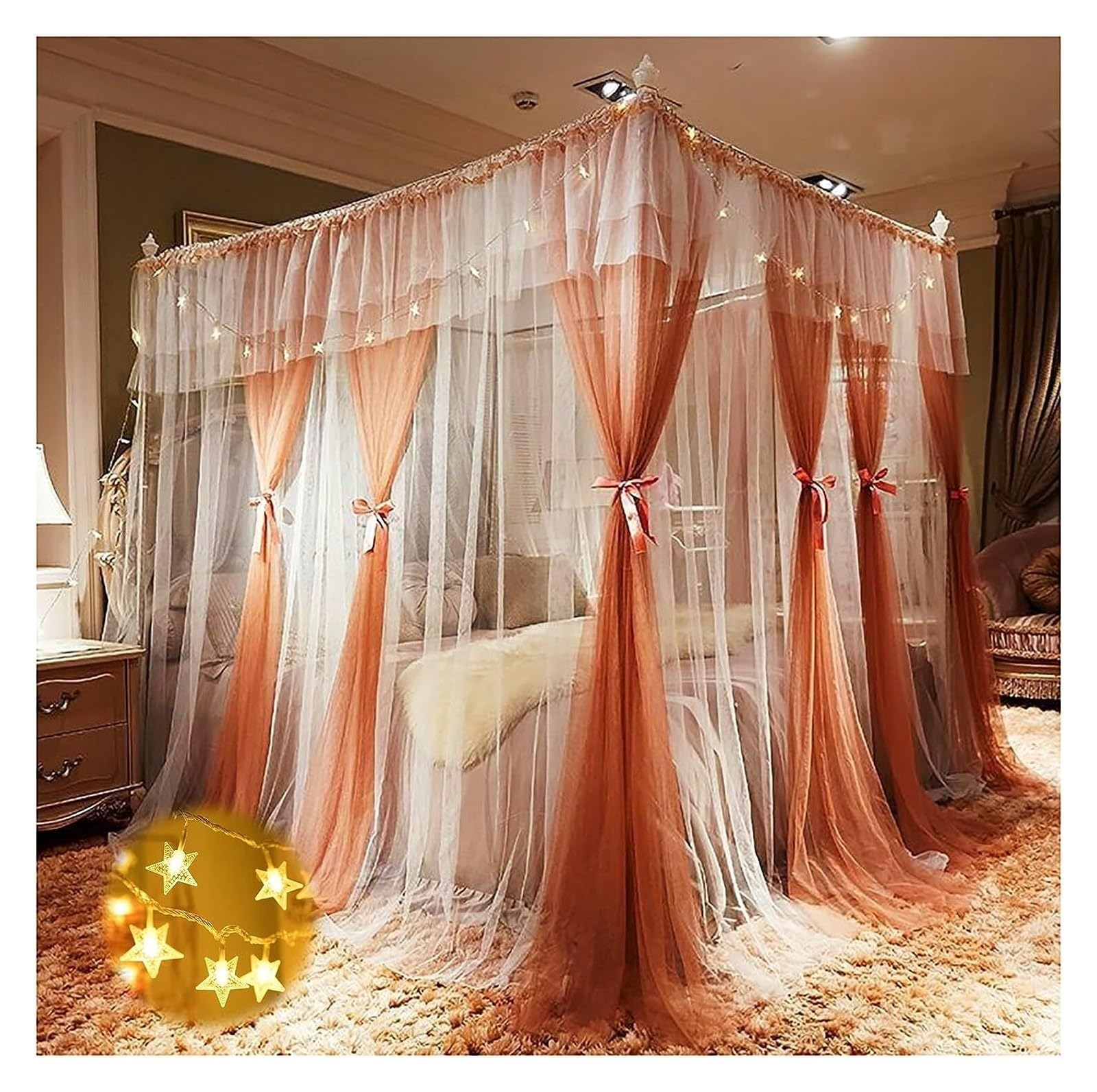 GTHTUHFD Palace Style Bed Netting Canopy E For Bedroom Stainless Steel Canopy Bed E For Bedroom Decoration 4 Corners Canopy Bed E Post Poles With Curtain,Red-King