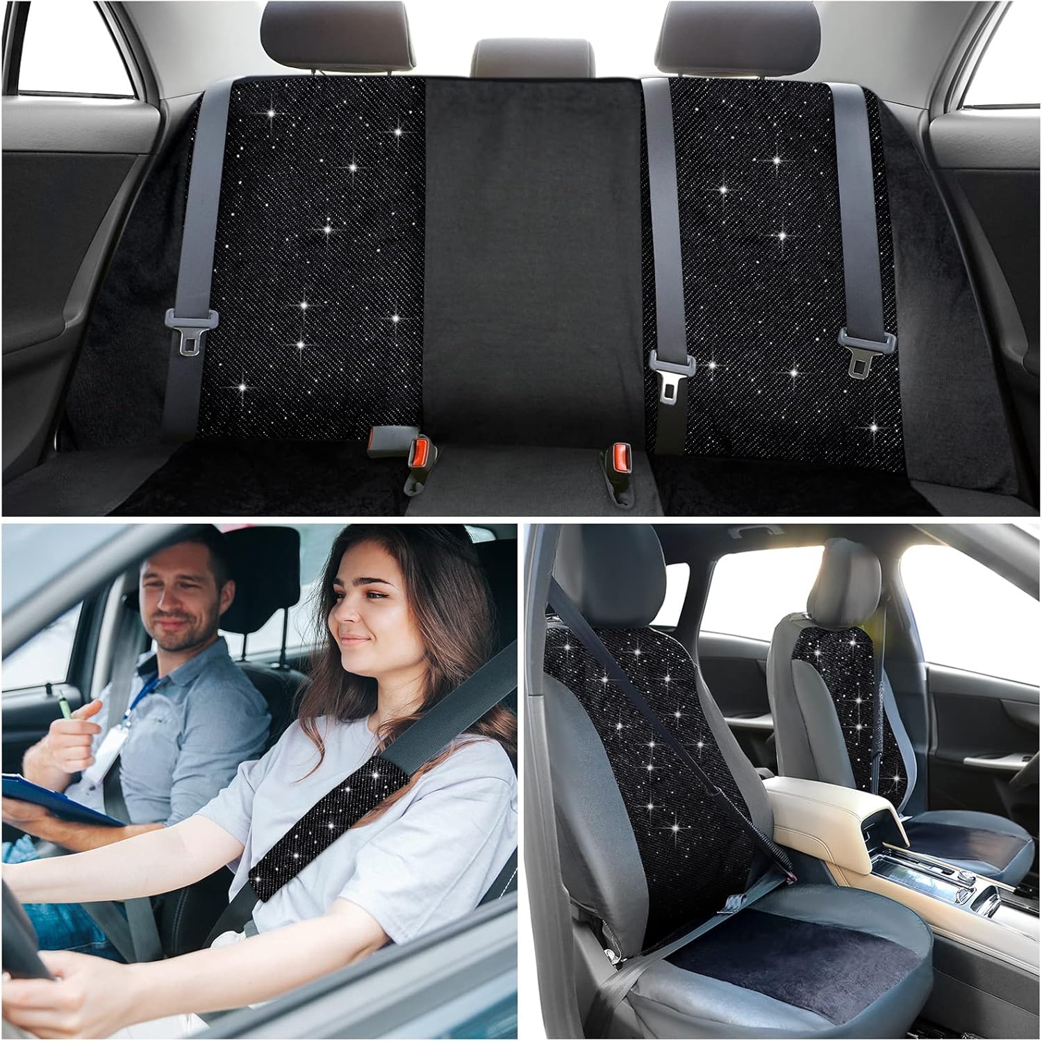 Tallew Car Seat Cover Full Set Bling Velvet Chair Cover for Women Breathable Vehicle Chair Protector Black Mesh Auto Seat Cover Universal Fit for Most of Sedan SUV Truck Minivan Airbag Compatible