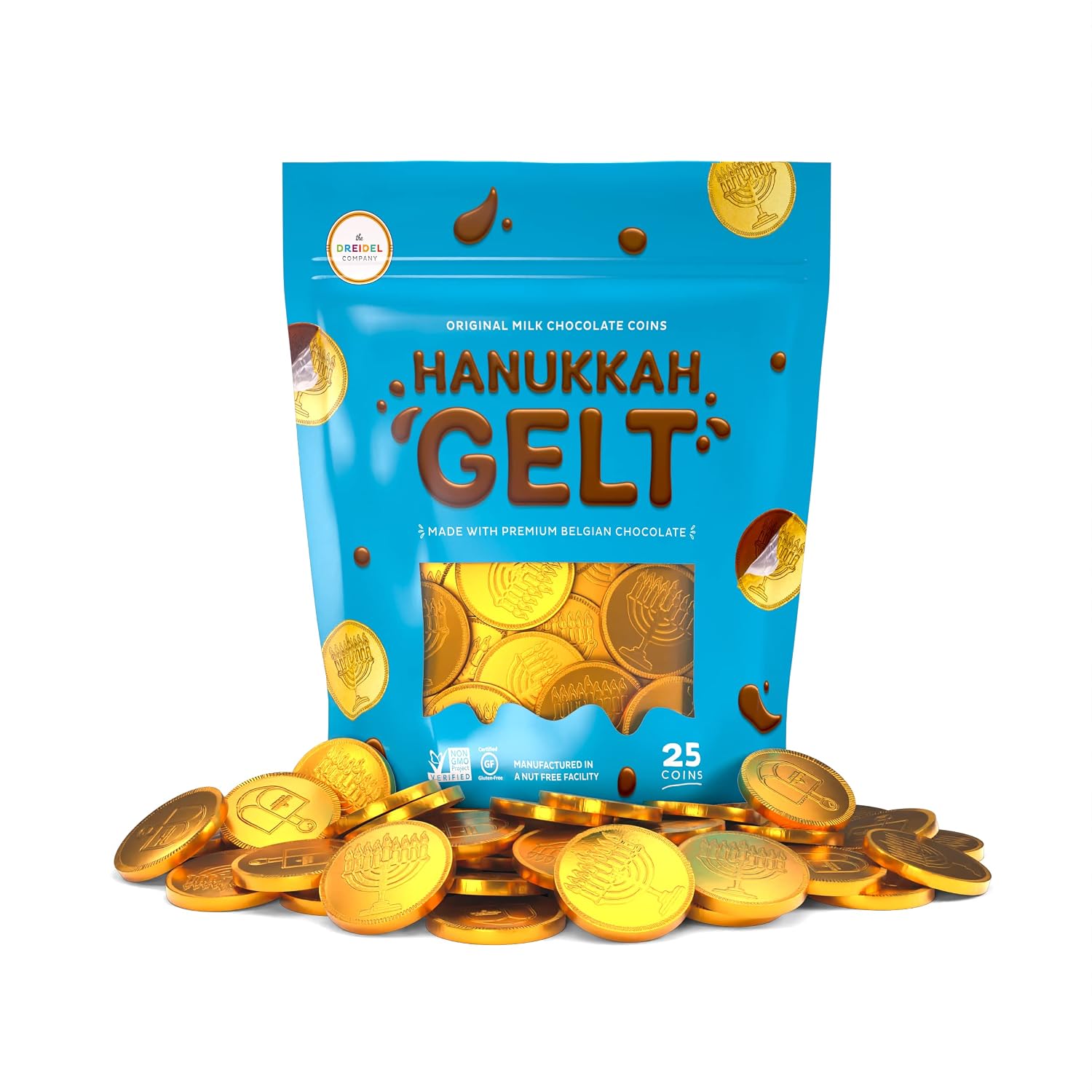 The Dreidel Company 25-Count Hannukah Premium Belgian Milk Chocolate Candy Coins, Gold with Hanukkah Menorah and Dreidel Design Gelt, (25 Coins)