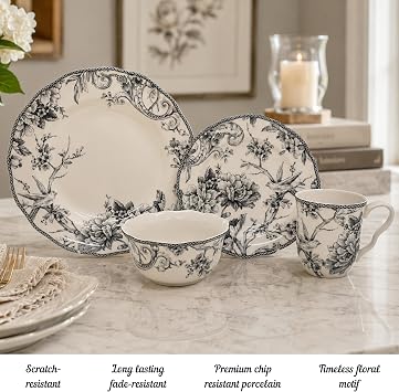 222 Fifth Adelaide 16-Piece Casual Grey Porcelain Dinnerware Set Service for 4, Classic Toile Bird & Floral Design, Microwave & Dishwasher Safe, for Everyday Dining & Entertainment