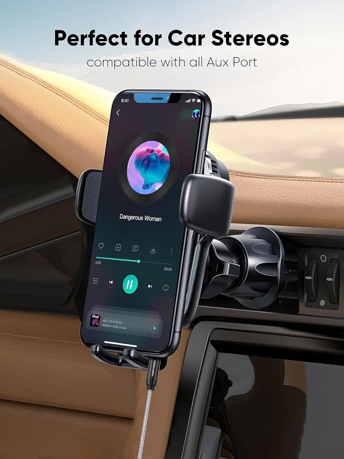 Smartphone connected to a car stereo via the CableCreation aux cable