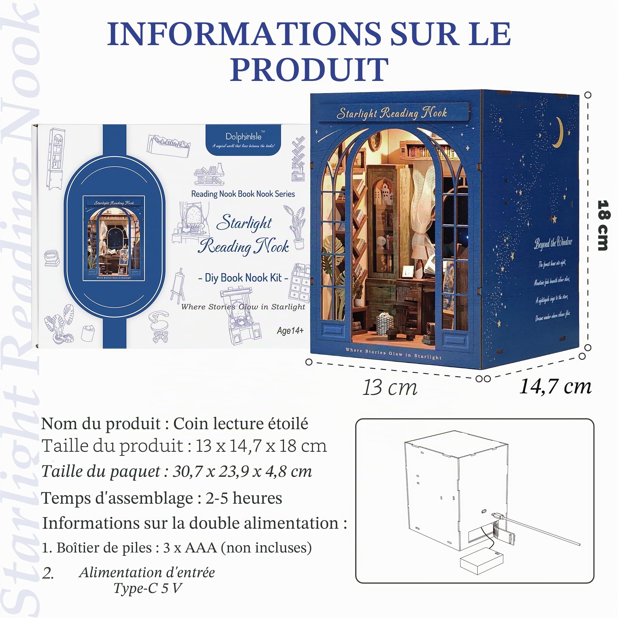 DolphinIsle - Kits de coin de lecture pour adultes, décor de bibliothèque DIY Booknook 3D en bois avec puzzle étoiles et coin lecture scintillant avec ciel étoilé