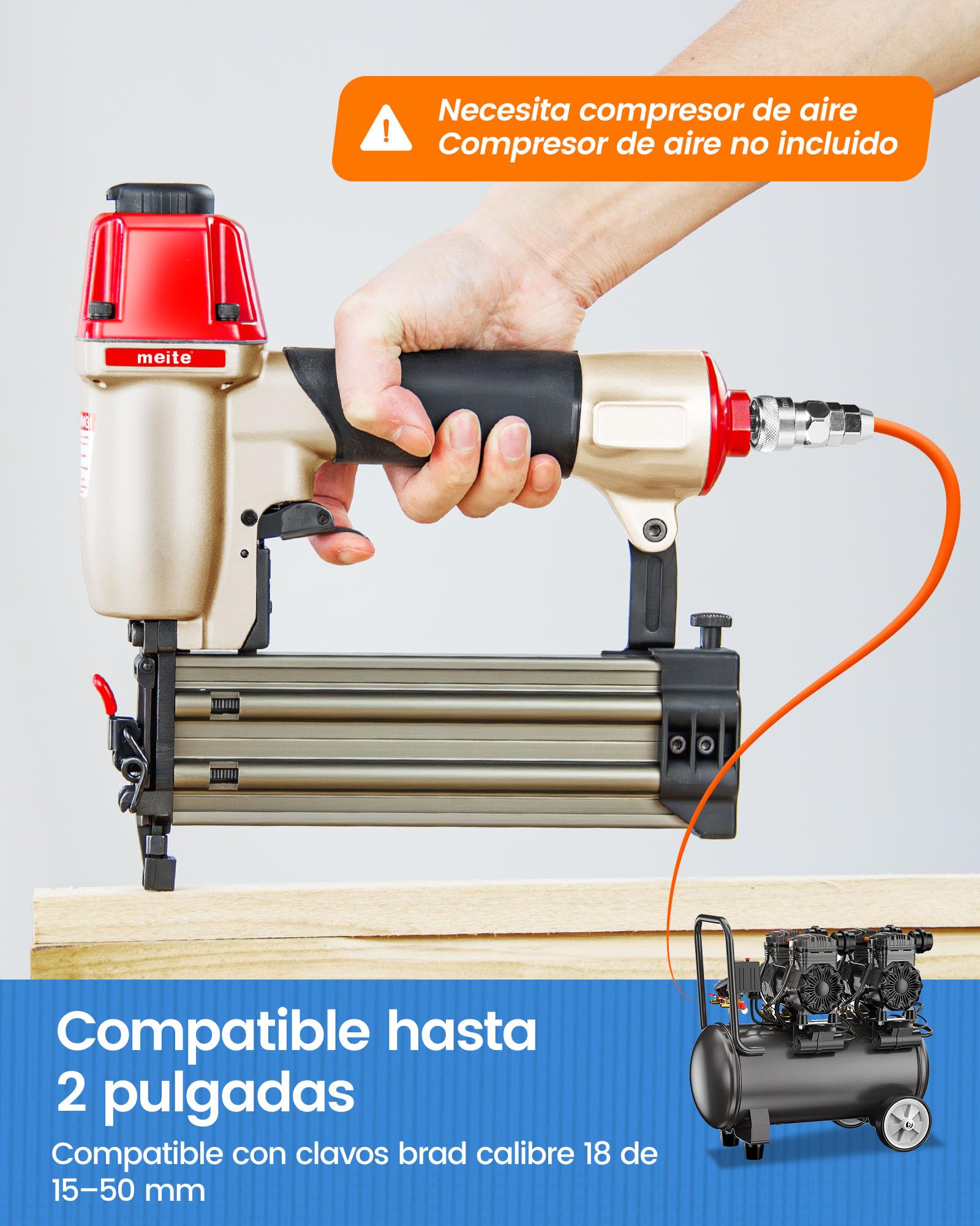 meite F50C Clavadora Brad Neumática 18GA con 2.000 Clavos de 32 y 50 mm, Pistola Compacta con Nariz de Seguridad, Compatible con Clavos Brad de 15-50 mm