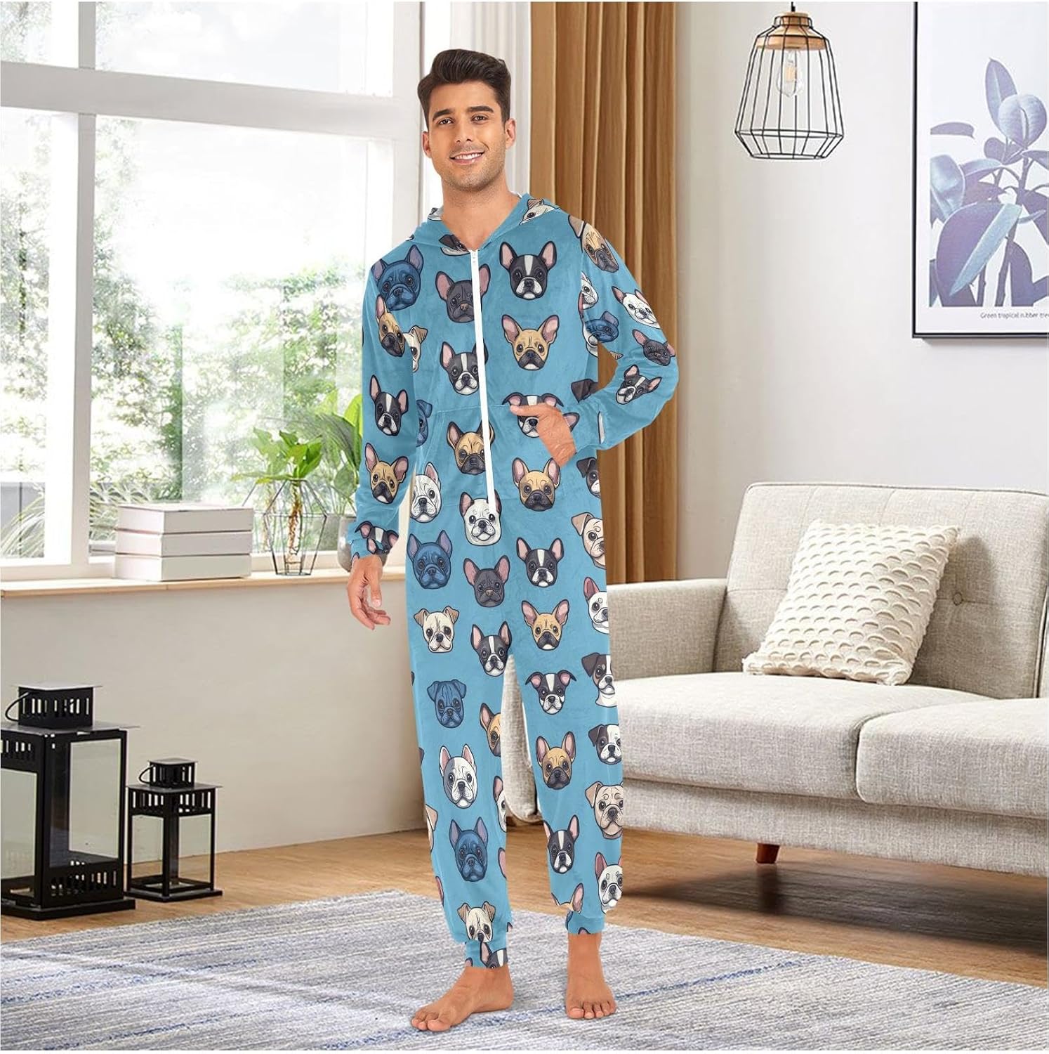 ZZKKO Cute Dog Head Blue Background Adult Onesie Pajamas for Women Men Cozy One Piece Pajamas Costume Zip-Up Hooded S-XL