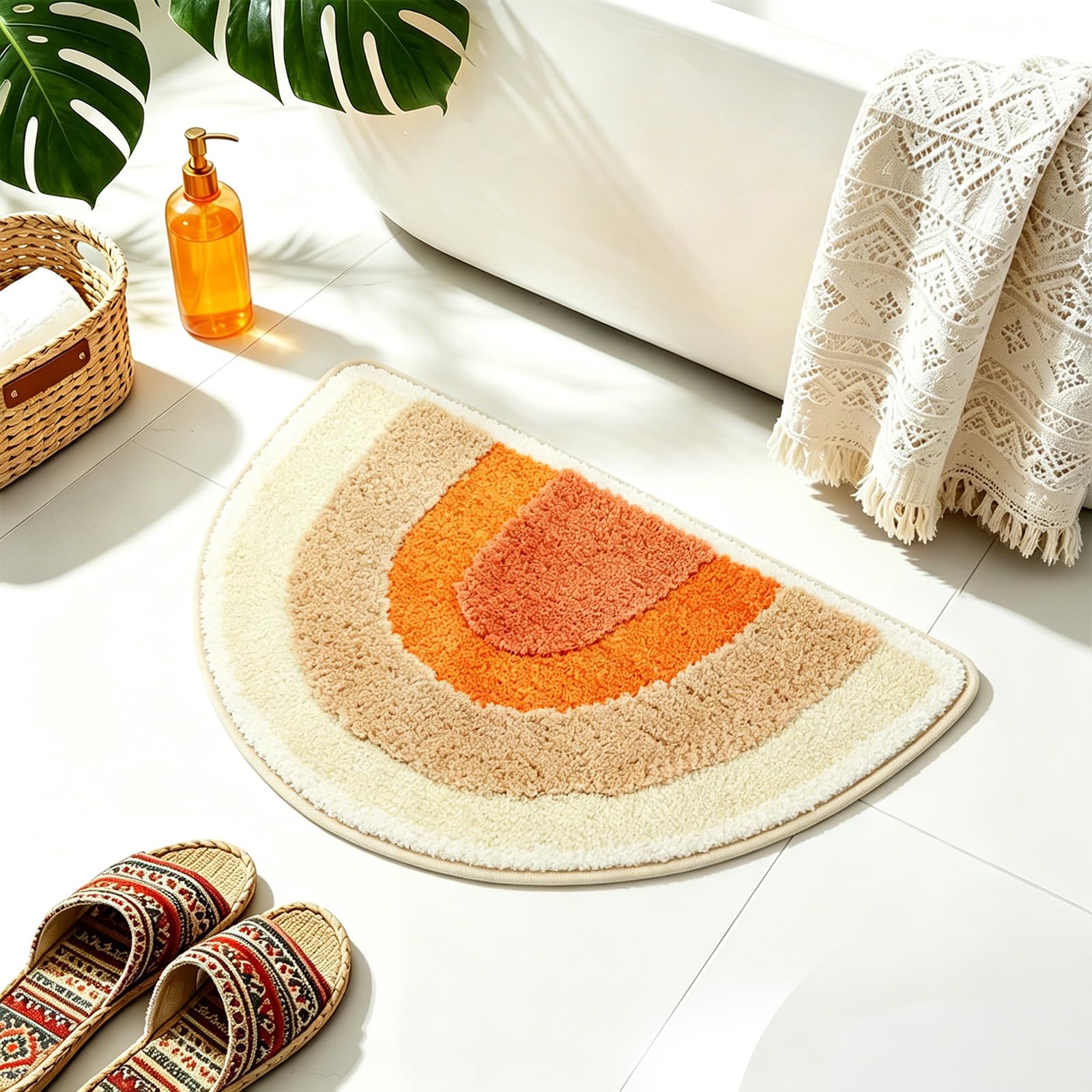 Alutaba Boho Half Round Rainbow Bath Mat,Soft Non Slip Bathroom Rug 50x80cm