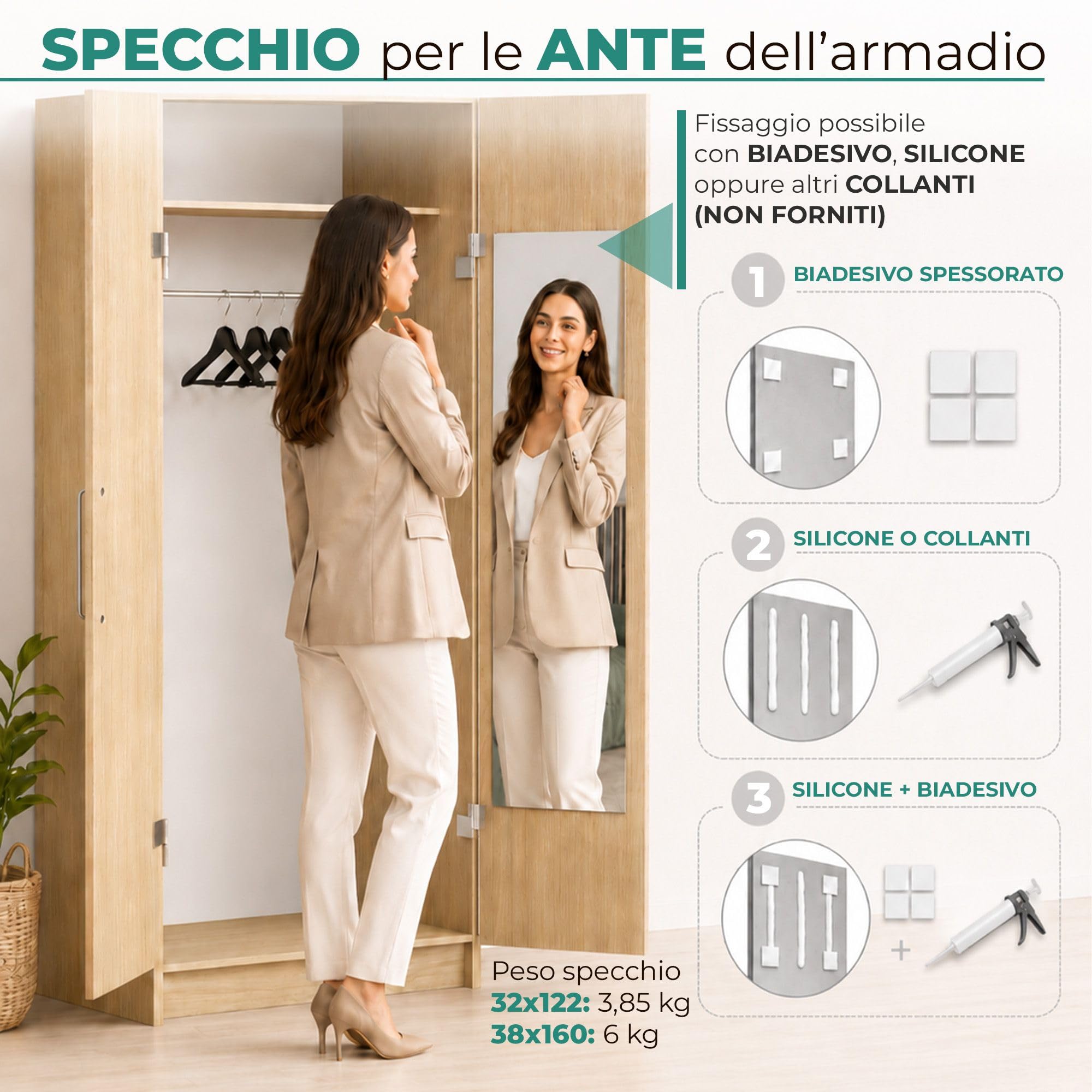 Lupia - Specchio da Parete Rettangolare, Sottile a Filo Lucido, Vetro Cristallo, specchiera Versatile Design Adatto per Camera da Letto, Soggiorno, Ingresso, Bagno e Ufficio 38x160 cm
