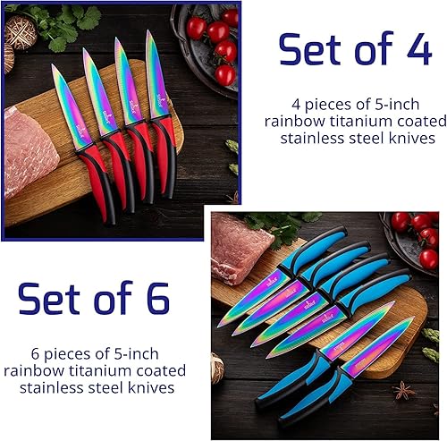 Miniatura 4 de SiliSlick Juego de cuchillos para carne de acero inoxidable, cuchillos de cocina coloridos con revestimiento de titanio con borde recto, suave y