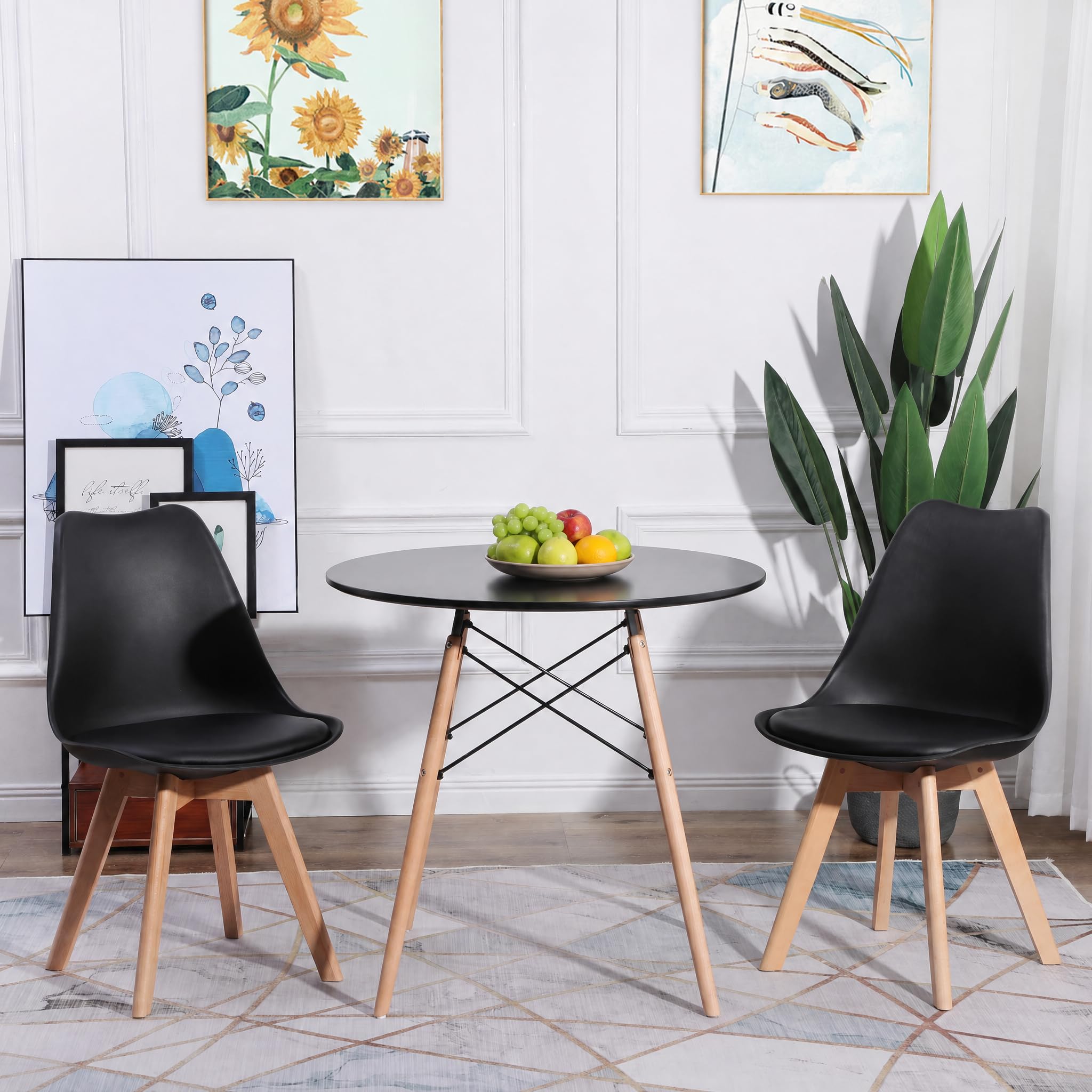 H.J WeDoo Tisch und Stühle Set, Essgruppe Schwarz Tisch mit 2 Schwarzer Stühlen für Esszimmer Küche Wohnzimmer | Essgruppen Runder Tisch 80 cm, Moderner Design, Massivholzbeine, für Balkon Küche Wohnzimmer Büro, Schwarzer Stühle