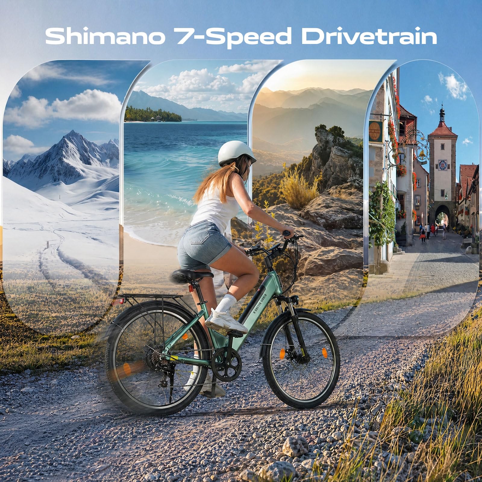 VDL Vélo électrique 26" vert pour homme et femme, batterie 48 V 10,4 Ah, 7 vitesses, freins à disque, lumière LED, fourche suspendue, vélo électrique de ville 25 km/h pour les déplacements