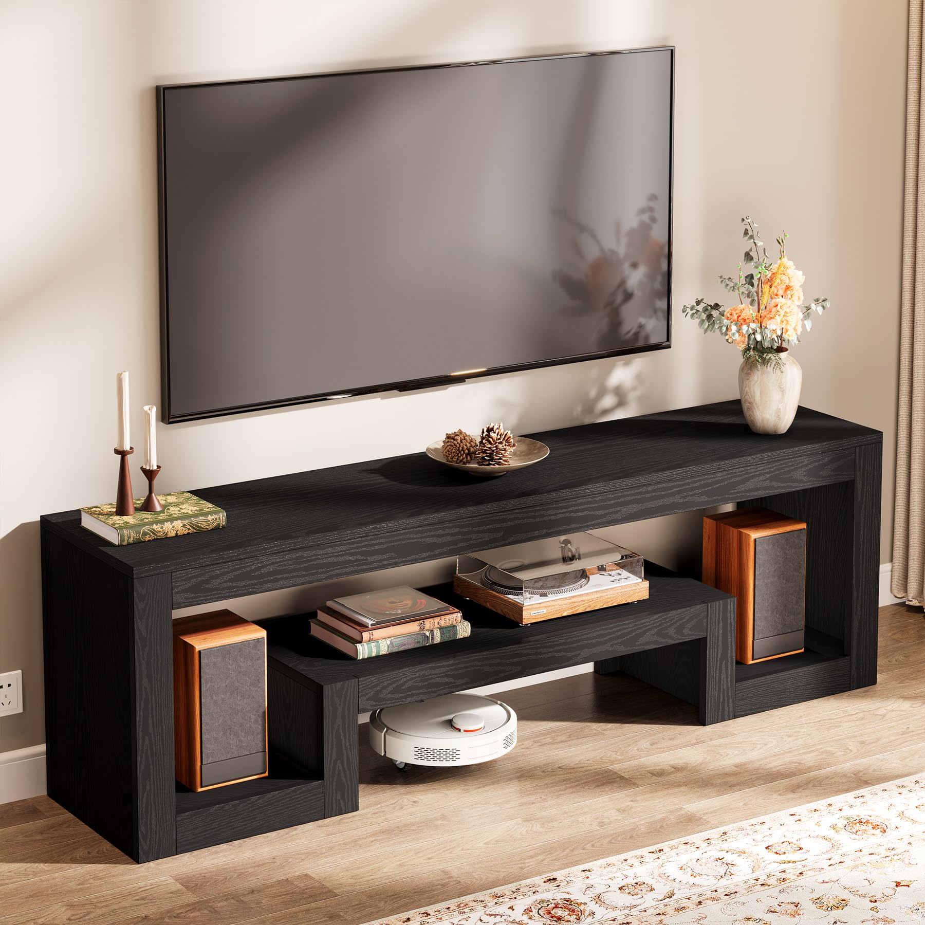 Tribesigns 63" TV Stand for 55/60/65/75-Inch TVs, Farmhouse Entertainment Center with Open Storage Shelves, Television Stands TV Console for Living Room, Bedroom, Black