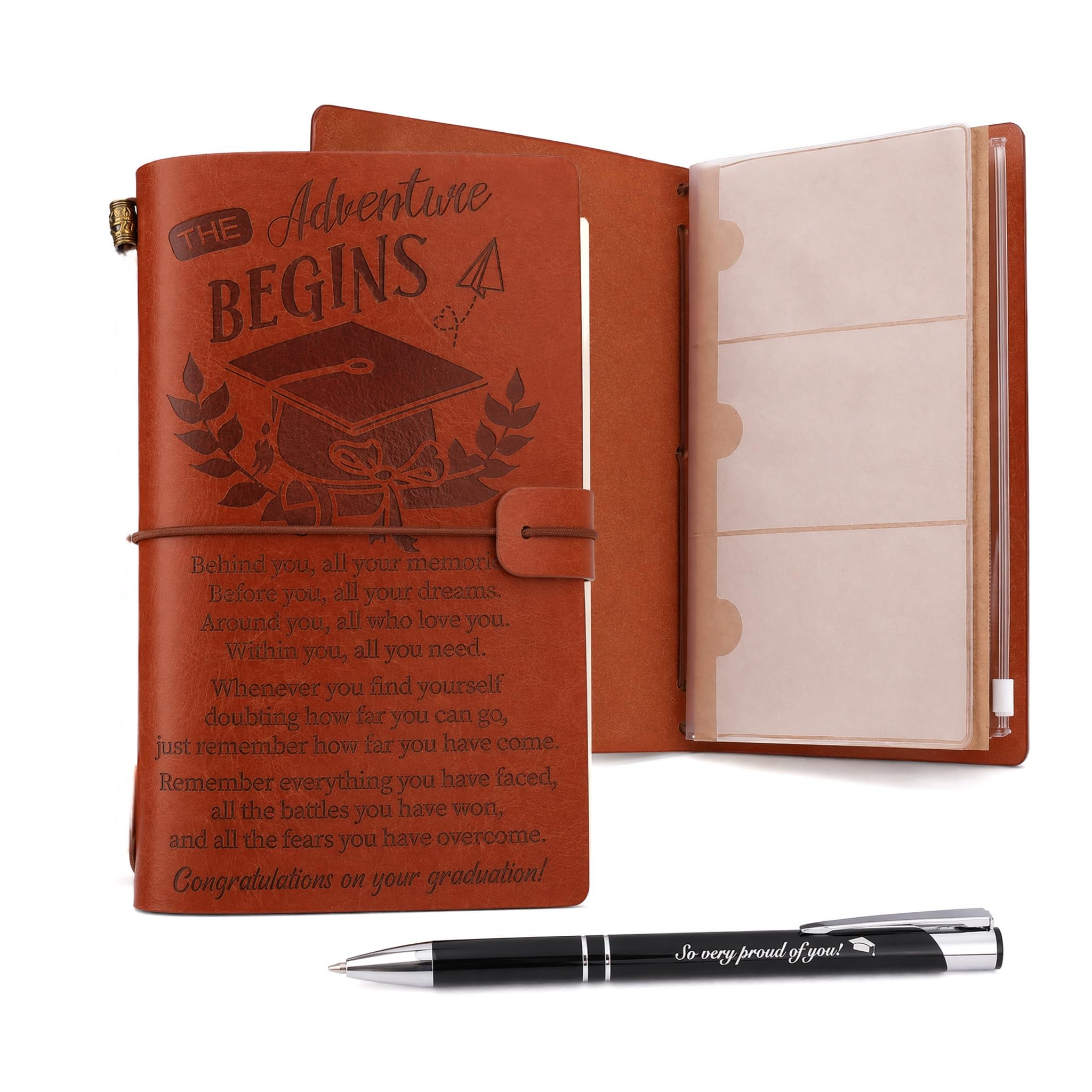 DINSAGE Graduation Gift for Her Him Synthetic Leather Travel Journal Diary and Pen- University High Middle School PHD Graduation Gifts Ideas Presents