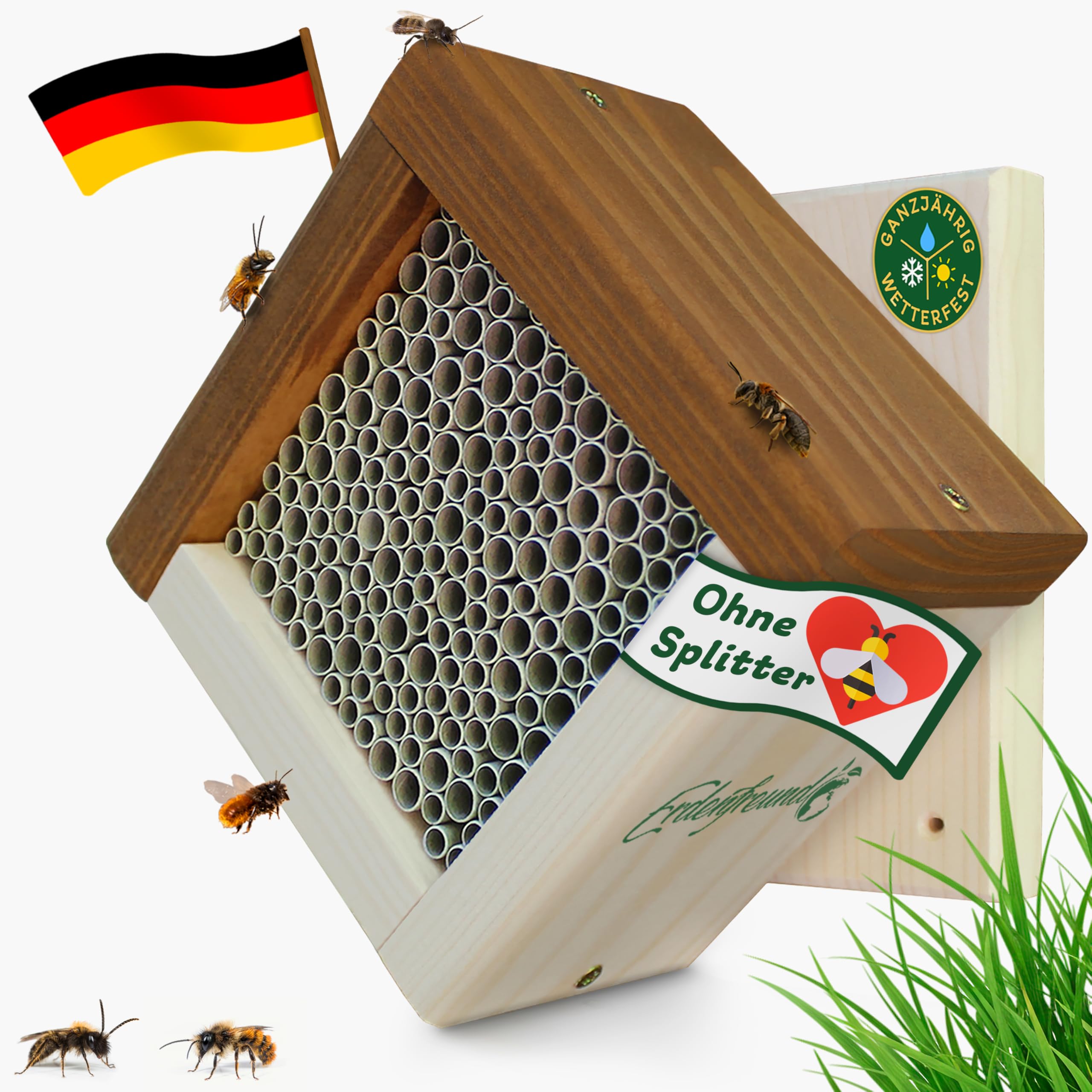 ERDENFREUND® Wildbienenhotel regenfeste Graspapier Nisthülsen 5-8 mm für mehrere Arten Insektenhotel 100% splitterfrei ohne Bienenflügel zu verletzen (Sturmfeste Aufhängung)