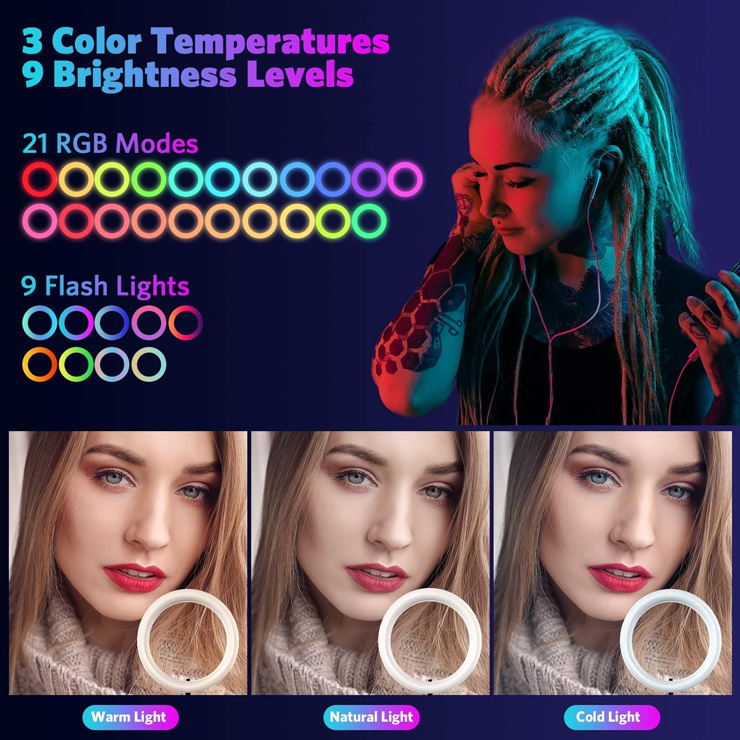 Frее Shірріng Ovеr $50 10 RGB Ring Light with Stand and Phone Holder, 60-inch Adjustable Tripod, Dimmable Selfie Ring Light with 21 Colors for Makeup/Live Stream/YouTube/Tiktok/Photography, Compatible with iOS/Android