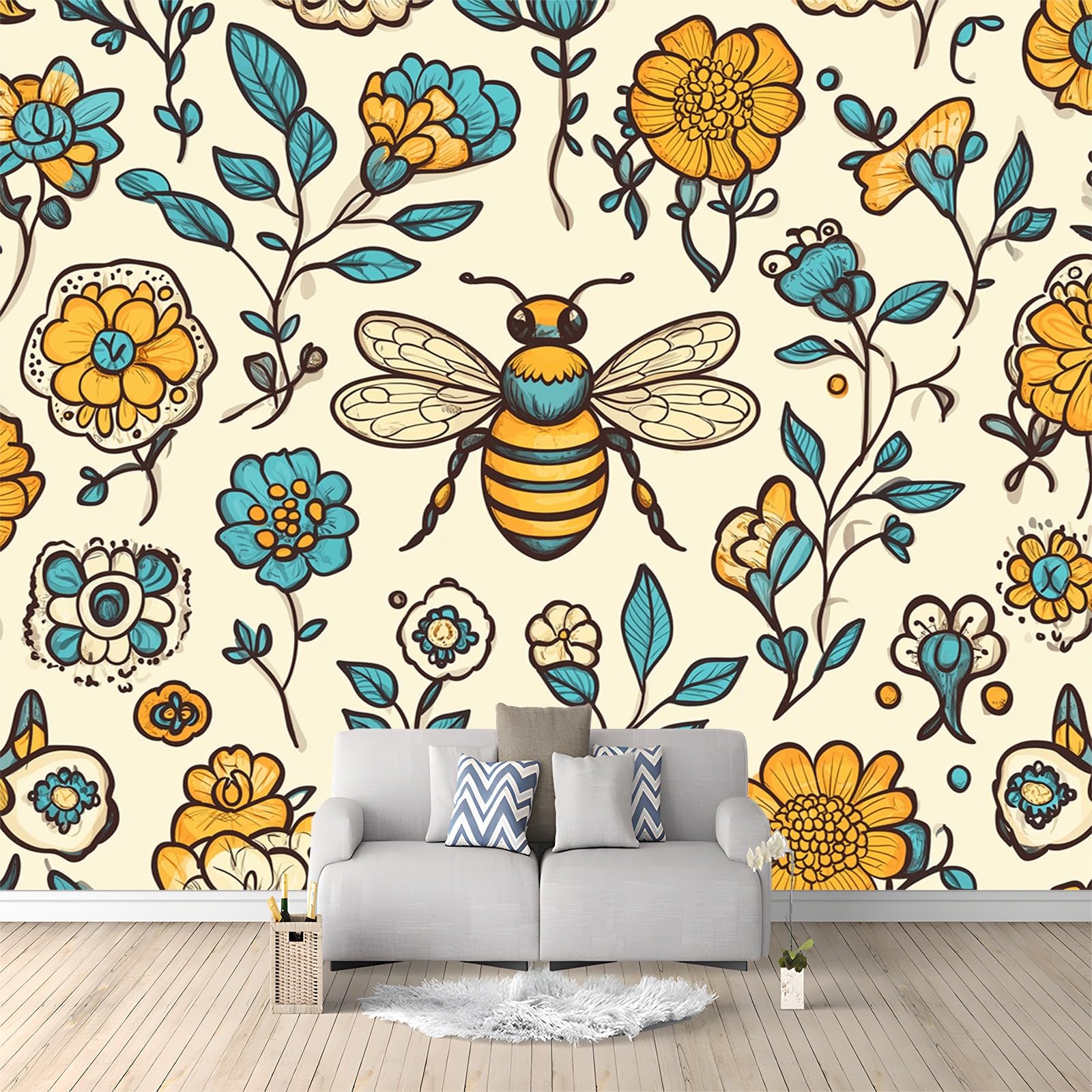 Tapeta 300 x 210 cm pszczoła z kreskówek ręcznie malowane kwiaty żółte tapety na malowidła ścienne sypialnia salon