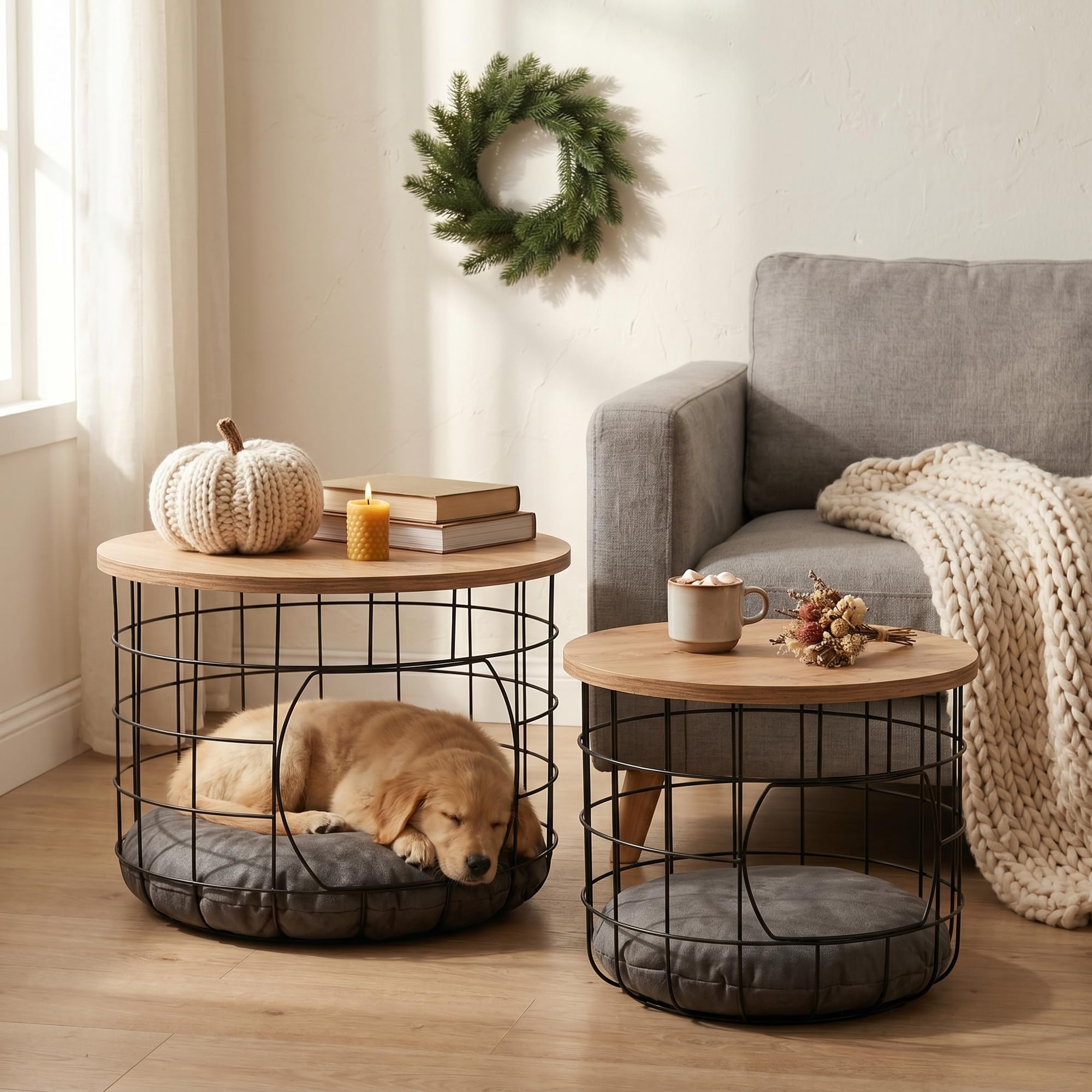 Beistelltisch 2er Set Katzennest mit Kissen, Couchtisch rund Metall Holz Industrial, Sofatisch mit Abnehmbarer Holzplatte, Katzenkorb Möbel 54 und 44 cm, Schwarz Eiche