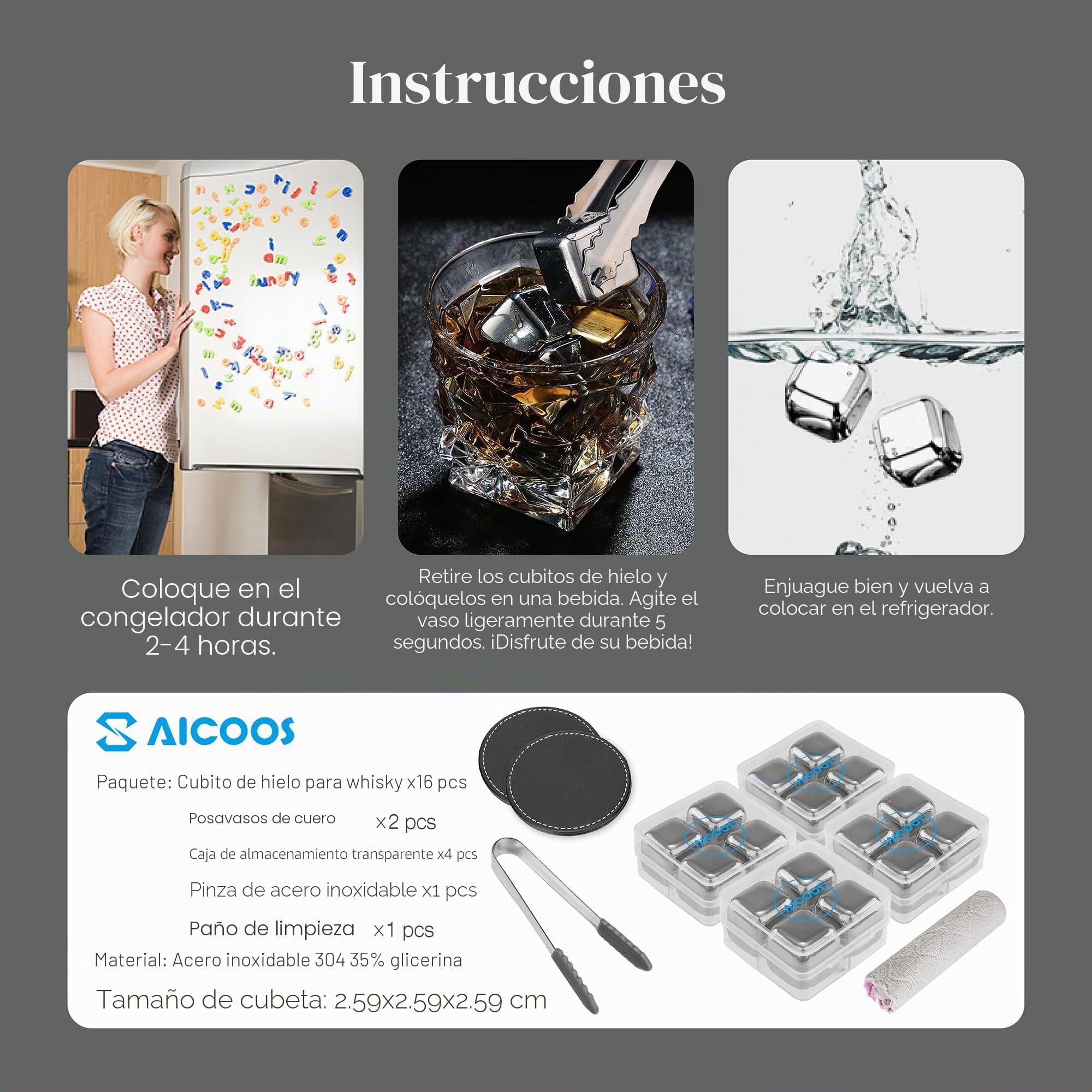 16Piezas Cubitos Hielo Reutilizables - Cubitos de Hielos Acero Inoxidable, Metal Whiskey Ice Cubes Para Regalos de Día Del Padre Para Papás Hombres y Esposos
