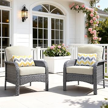 2 Pieces Patio Furniture Set, Two Single Chair Outdoor Furniture, All-Weather Rattan Wicker High Back Conversation Set of 2 for Small Space Porch, Backyard, Balcony,Beige
