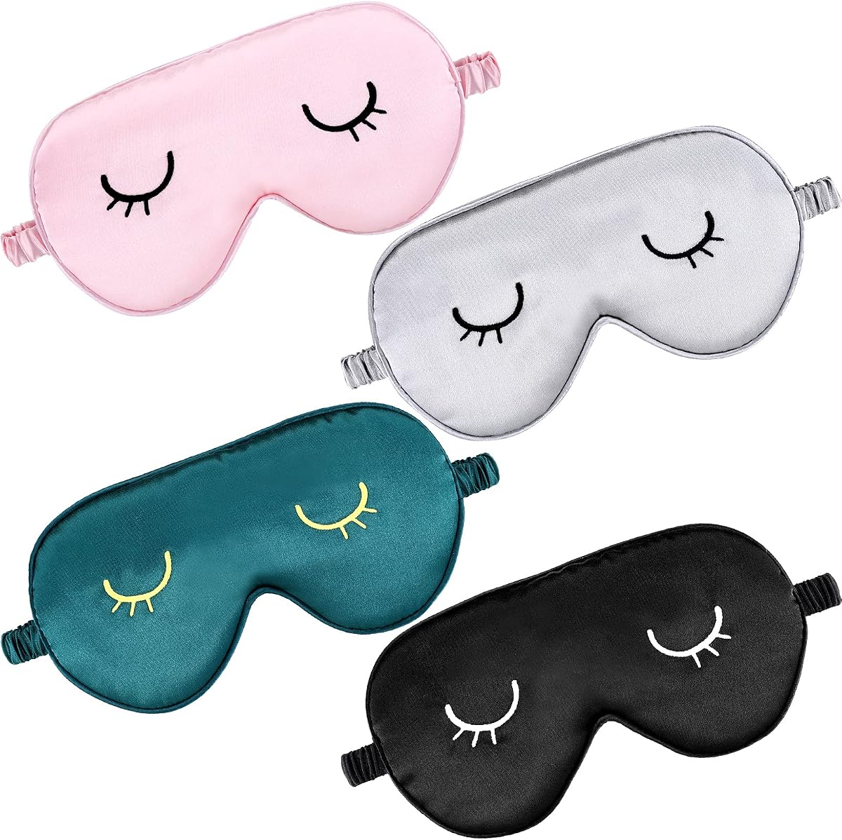 Geyoga 4 Pcs Cute Sleep Masks for Women Silk Eye Masks for Sleeping | Satin Eye Cover with Eyelash Embroidery, Lightweight Adjustable Eyeshade for Girl Travel Nap Sleepover Party, Soft Blindfold