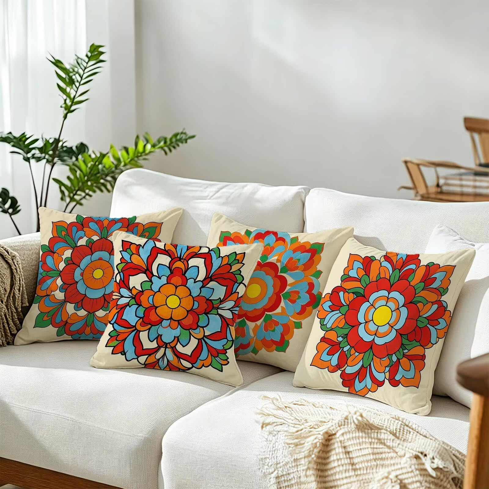Czerwona poszewka na poduszkę 50 x 50 cm zestaw 4 poduszek outdoorowych | Retro lniana poszewka na poduszkę do salonu, poduszka ozdobna, na sofę, boho, do użytku na zewnątrz, 50 x 50 cm