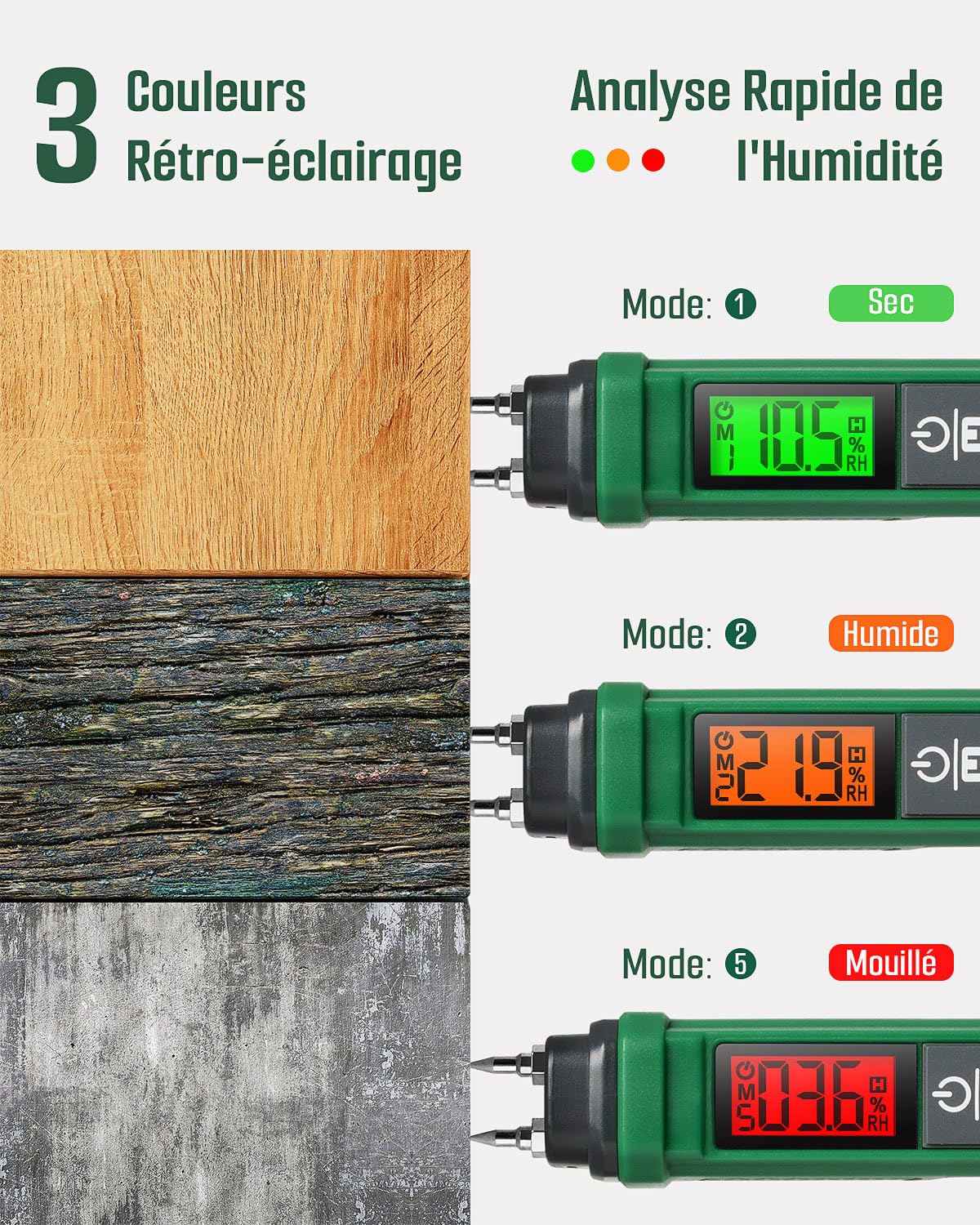 TESMEN TWM-186 Humidimètre Portable, Humidimètre à Broche à 2 Modes, 7 Échelles d'Étalonnage pour Bois, Bois de Chauffage et de Construction, Briques, Planchers, Murs - Vert