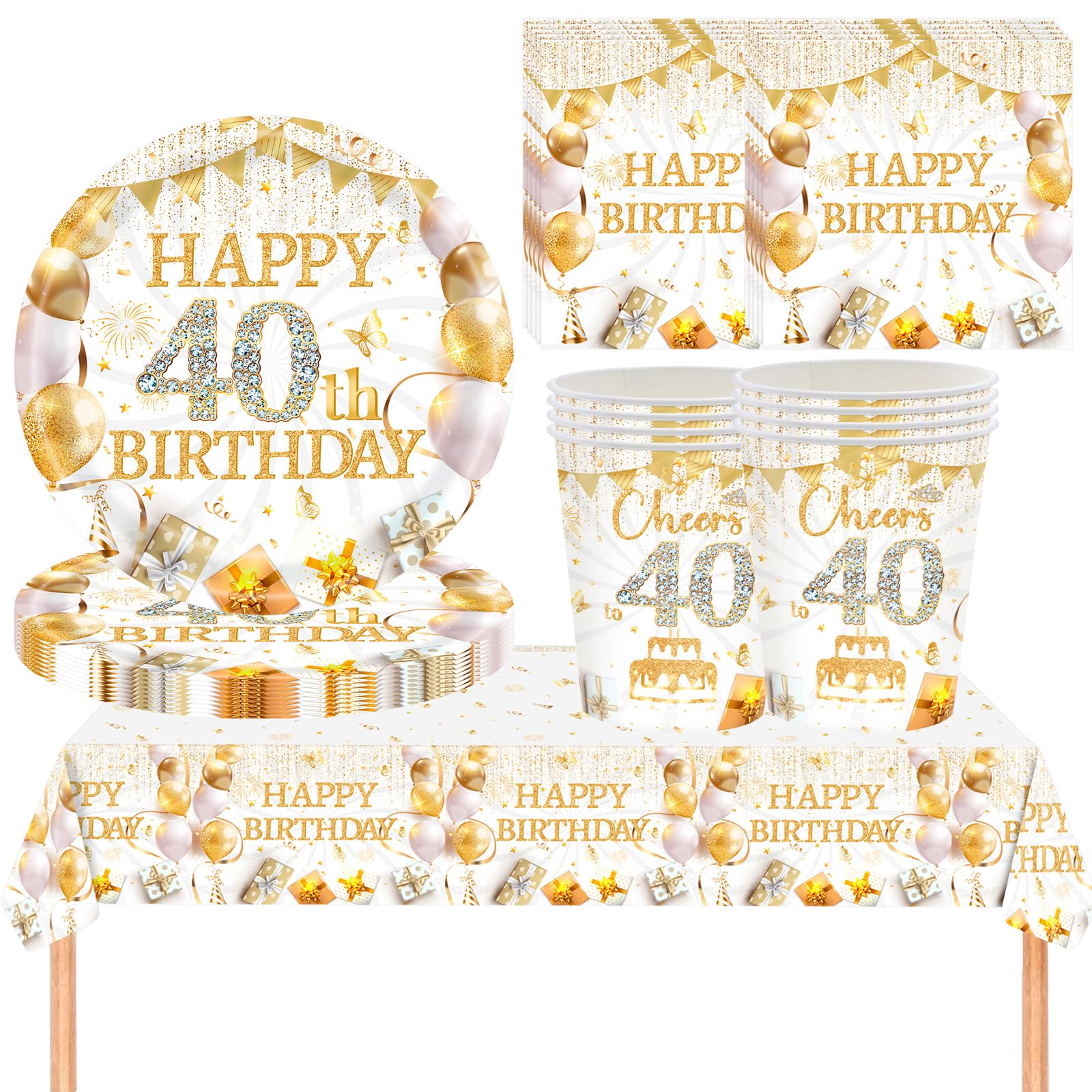 YESAH 53P 40th Birthday Party Tableware Set,White Gold Paper Dinnerware Set — image 1