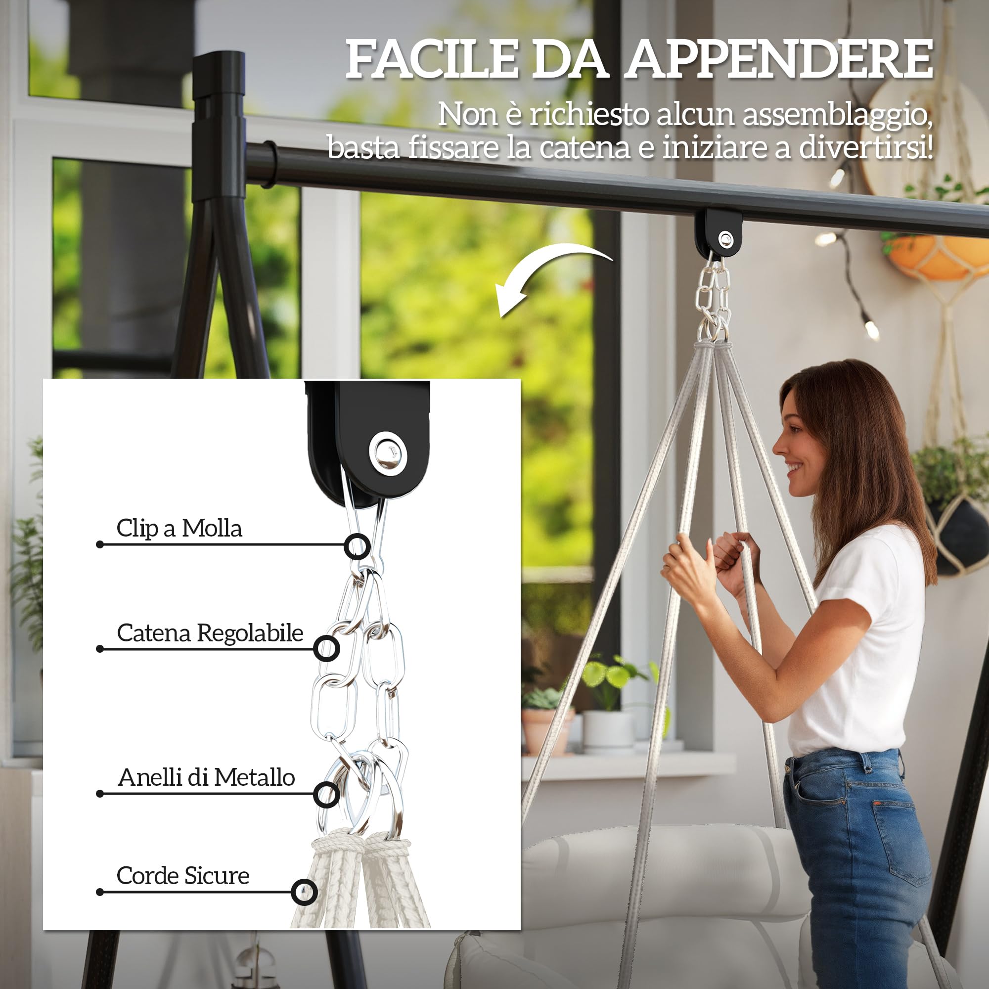 Outsunny Poltrona Sospesa da Esterno in Stile Boho con Frange, Cuscino, Corde e Anelli, Sedia Sospesa da Giardino in Acciaio, Cotone e Poliestere, Portata Fino a 120 kg, 80x60x40 cm, Crema