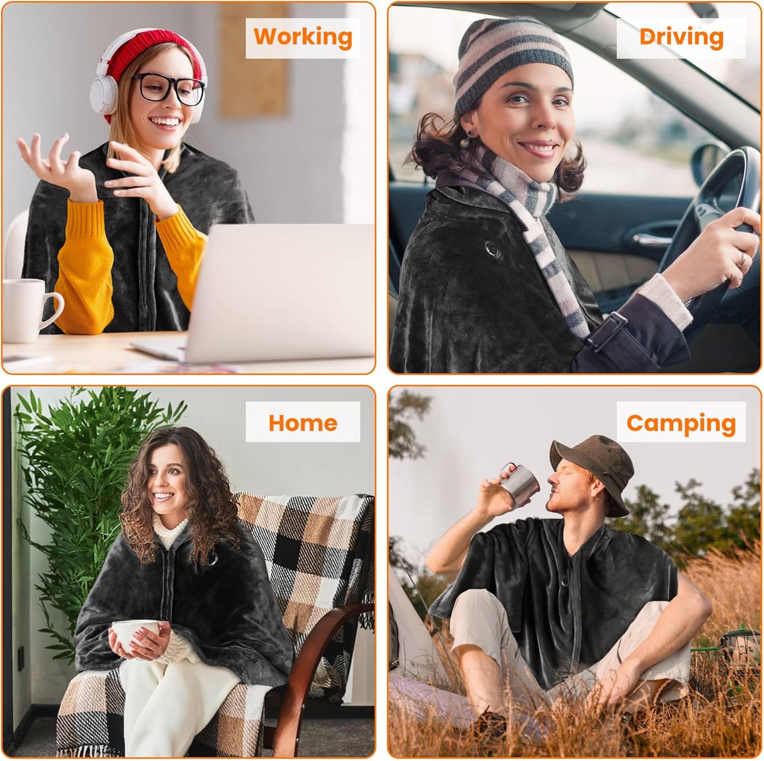 Portable Electric Heated Blanket, USB Heated Blanket Throw, 59in x 31in Flannel Wearable Softnees Heated Shawl with Zipper for Office Home Travel, Washable (Dark Grey(Standard)) - Image 8