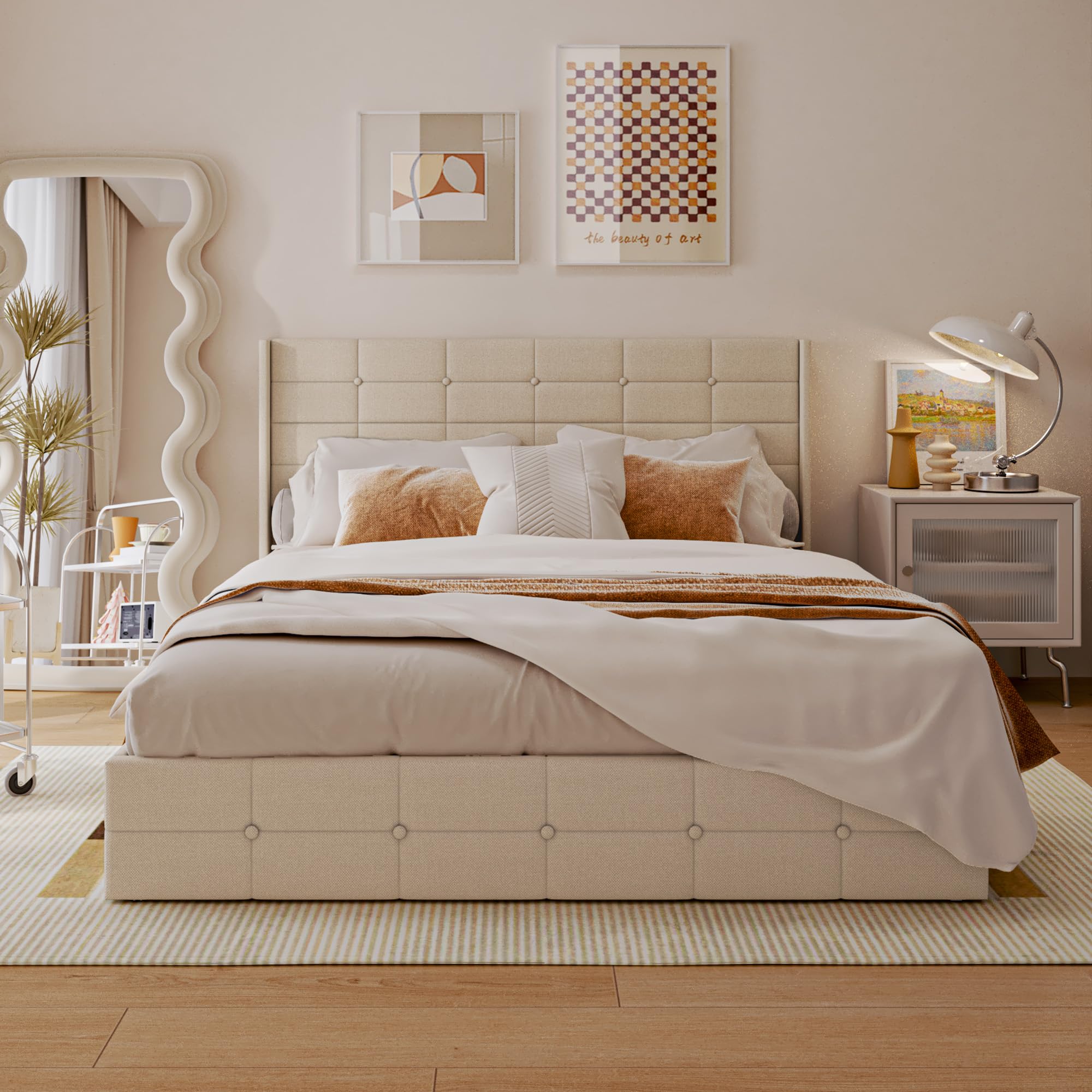 Lit Coffre 160x200 cm, lit Hydraulique avec Étagères Ouvertes et Rangement Caché en Tête de Lit Capitonné, Cadre de Lit, Sommier à Lattes, sans Matelas, (Beige, 160x200cm)