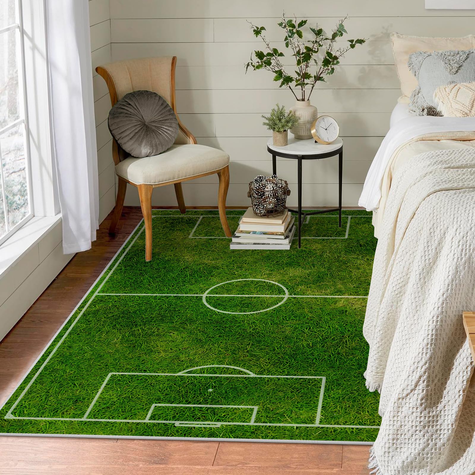 Großer waschbarer Kurzflor-Teppich 200x300, Fußballplatz Teppich Kinderzimmer, Sportthema Dünn Saugfähig Vielseitig für Wohnzimmer Schlafzimmer Oder Als Bettvorlege F-91