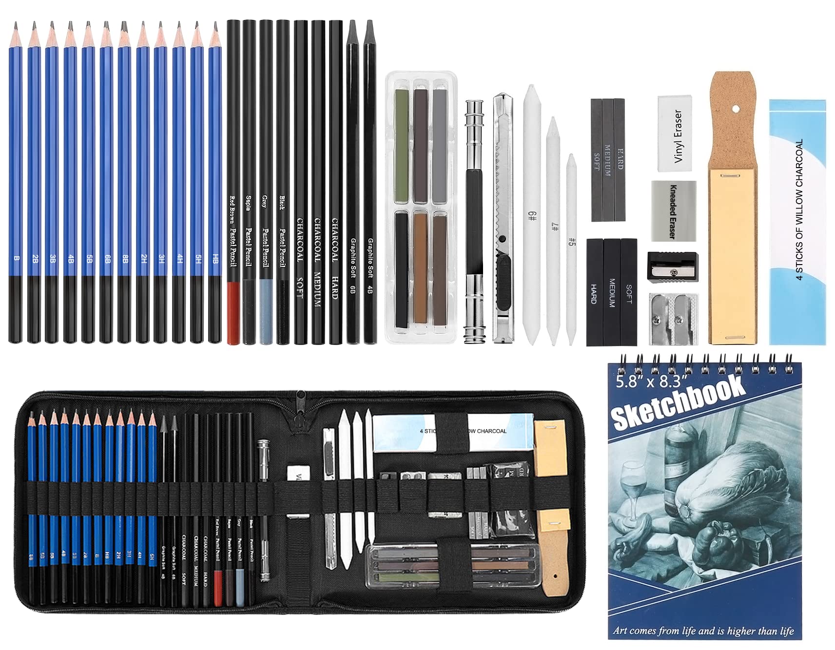 MEIJMJIA YMTECH 48 Pieza Dibujo de Arte y Lápiz Dibujo Conjunto de Lápiz de Carbón, Set de Dibujo Artista Kit, Adecuado para Niños y Adultos