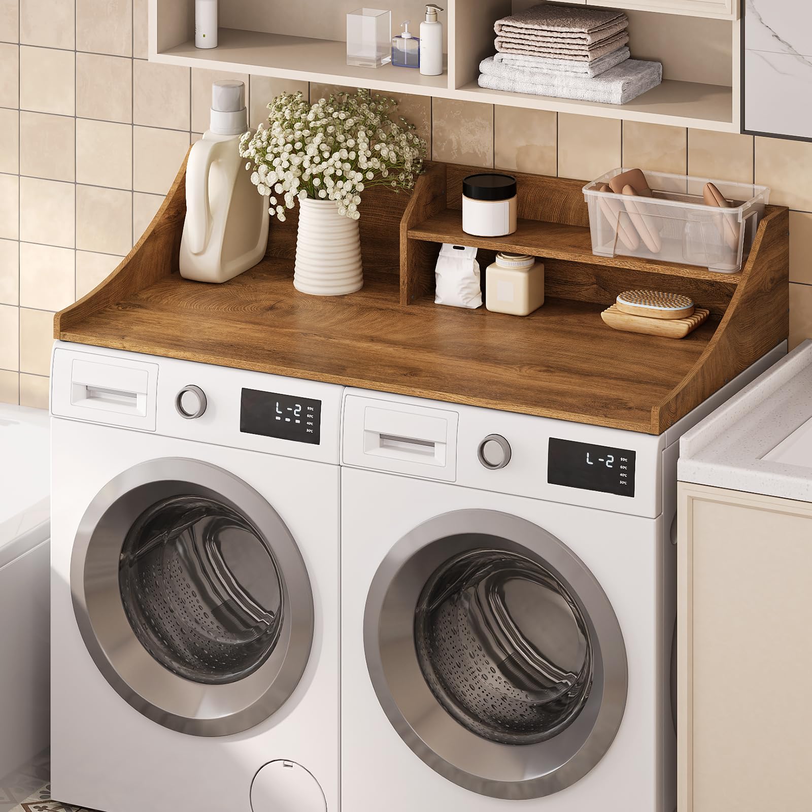 washer and dryer countertop, 54'' laundry shelf organizer wood dryer rack countertop for washer and dryer, brown