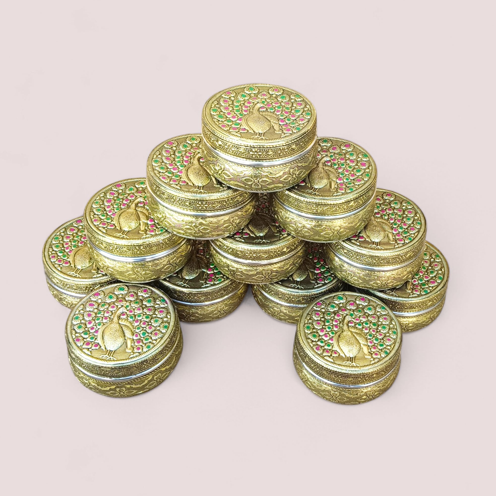 Handicraft Peacock Design Stainless Steel Dabba Container Meenakari Rajwadi Decorative Oxidized Chapati Storage Box for Serving Dryfruit Chocolate And Mukwas/Marriage Gift. (Pack Of 12)-image-21