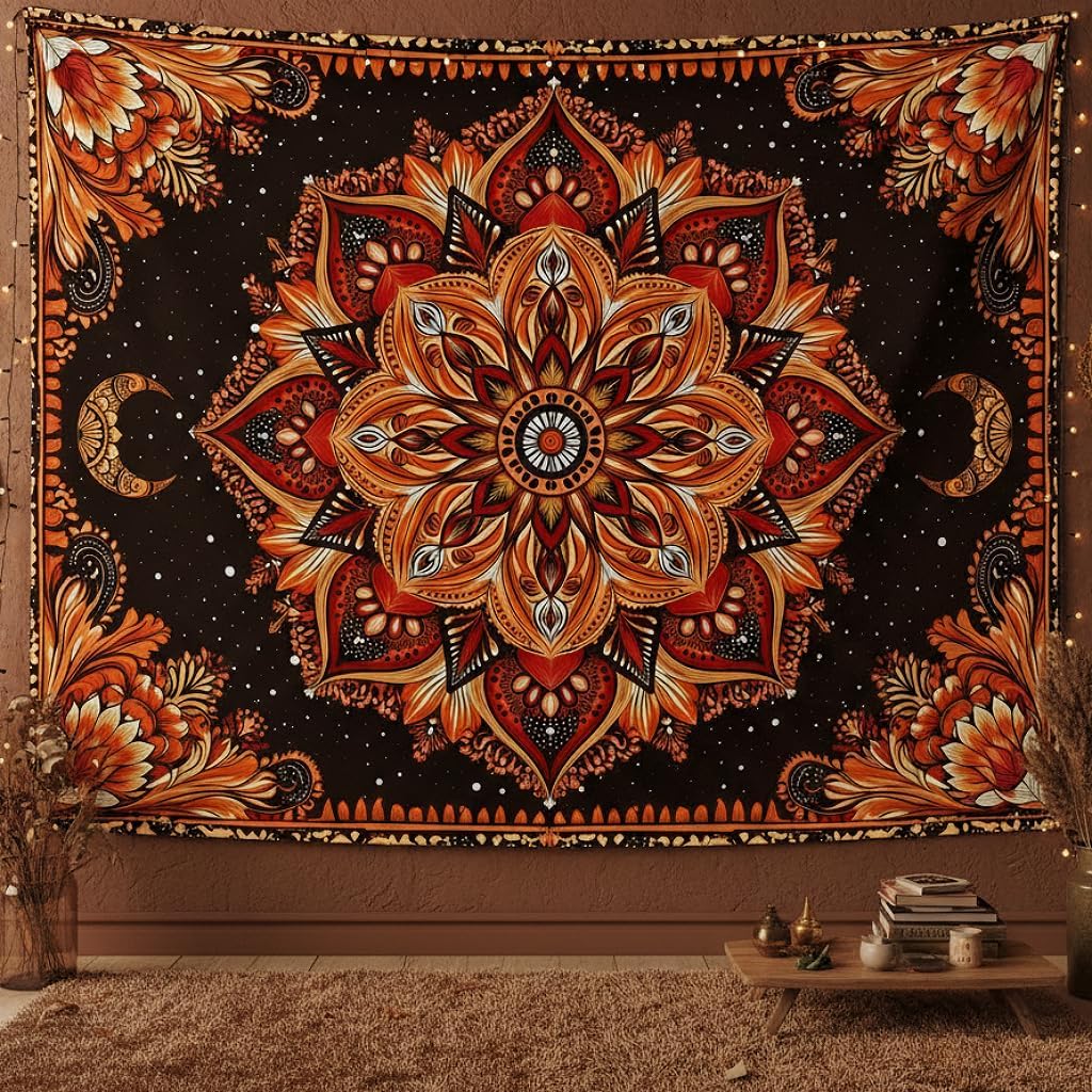 Accnicc Boho Floral Mandala Tapestry for Bedroom Hippie Bohemian Flower Wall Tapestry Aesthetic Extra Large Stained Glass Red Blue Tapestries Wall Hanging for Living Room Dorm Decor 90 x 68 Inch