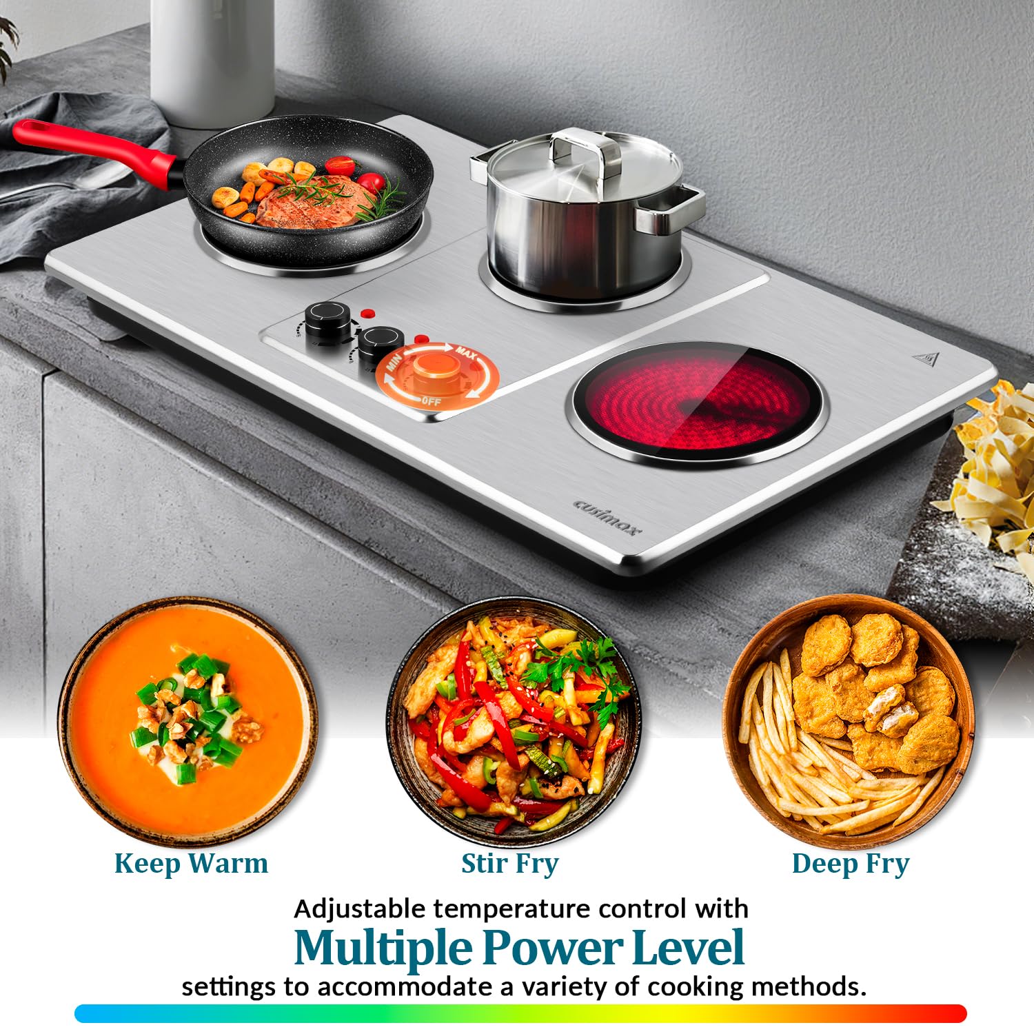 Placa eléctrica eléctrica,Encimera infrarroja triple quemador con cocina de vidrio de cerámica de 7 ″, placa caliente eléctrica para cocinar, ajuste de temperatura de 11 niveles 2