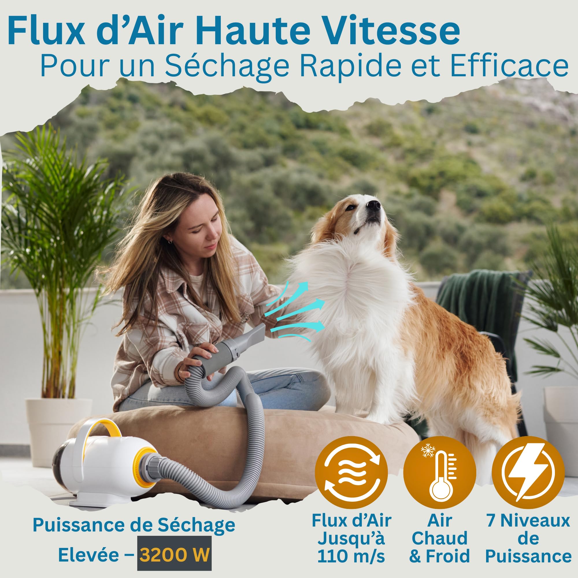 MUGGI Pulsore per cani 2 in 1 con funzione aspirapolvere peli di cane, asciugacapelli, 3200 W, 7 velocità caldo/freddo, anioni antistatiche, silenziose, tubo estensibile, 4 ugelli inclusi