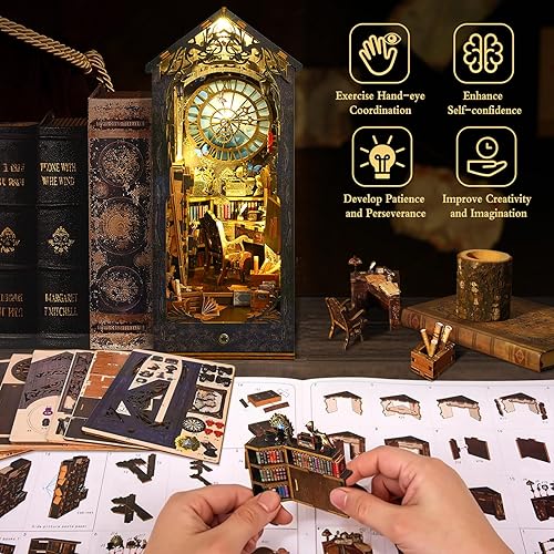 Miniatura 6 de Quanquer Kit de rincón de libros, rompecabezas en miniatura de madera 3D con luz LED, kits de manualidades para adultos, ideal para estantería,