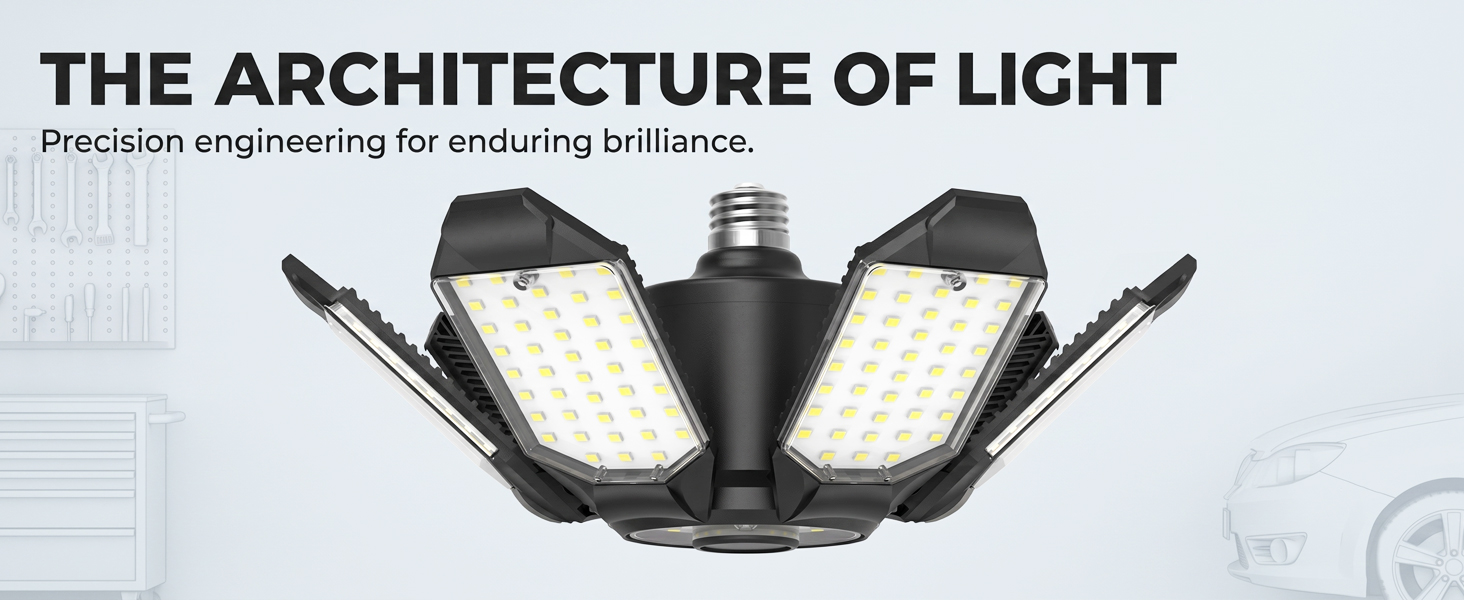Kofarrten 10000 LM LED Garage Light – 6500K, 5+1 Deformable Panels, E26/E27 Base, 100W Shop Light For Workshop & Warehouse