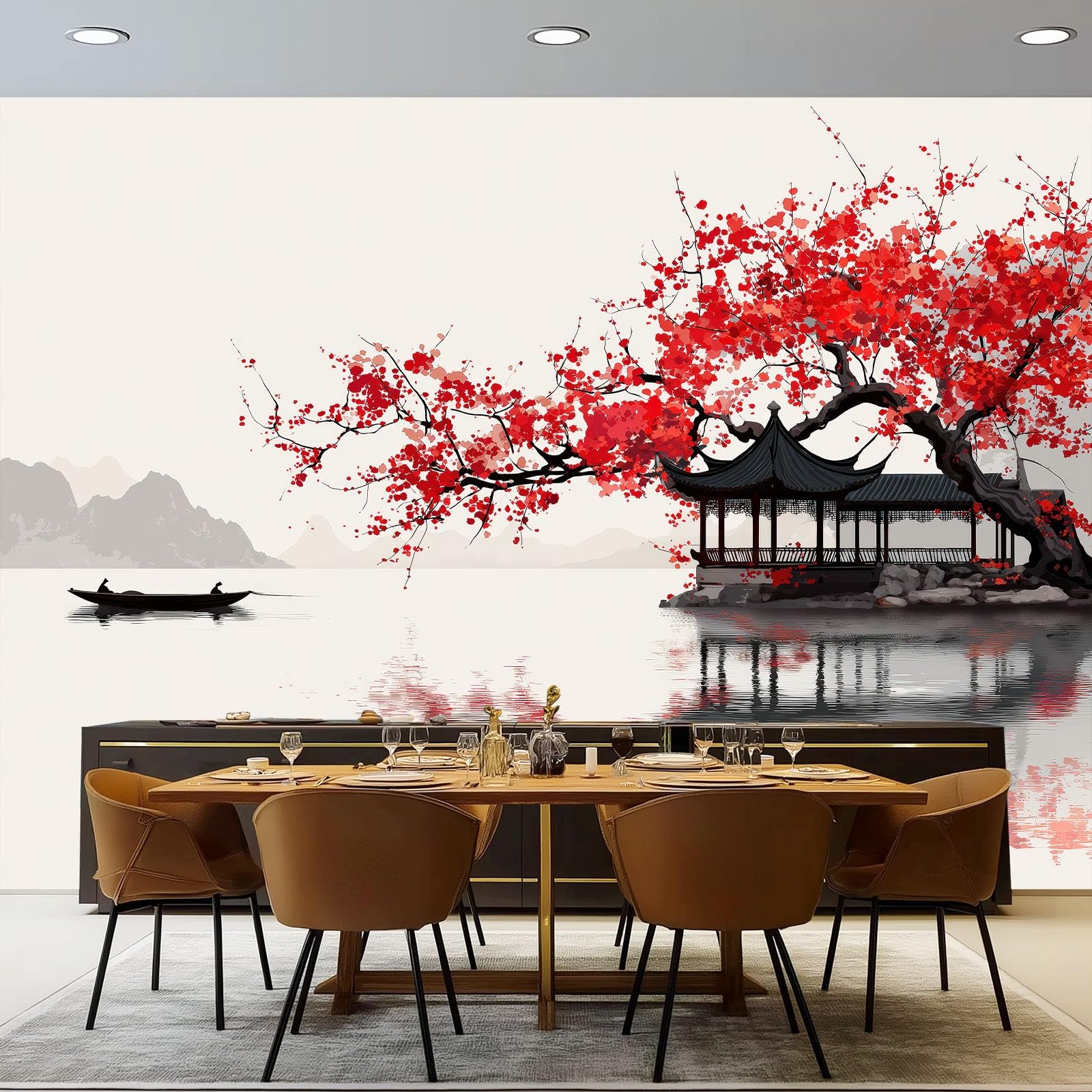 Vlies Fototapete Landschaft 350 x 256 cm, Creme Fototapeten für Wohnzimmer Schlafzimmer - Vliestapete Wandtapete Tapete 3D Effekt - Chinesischer Stil Blumen Seen Pavillons