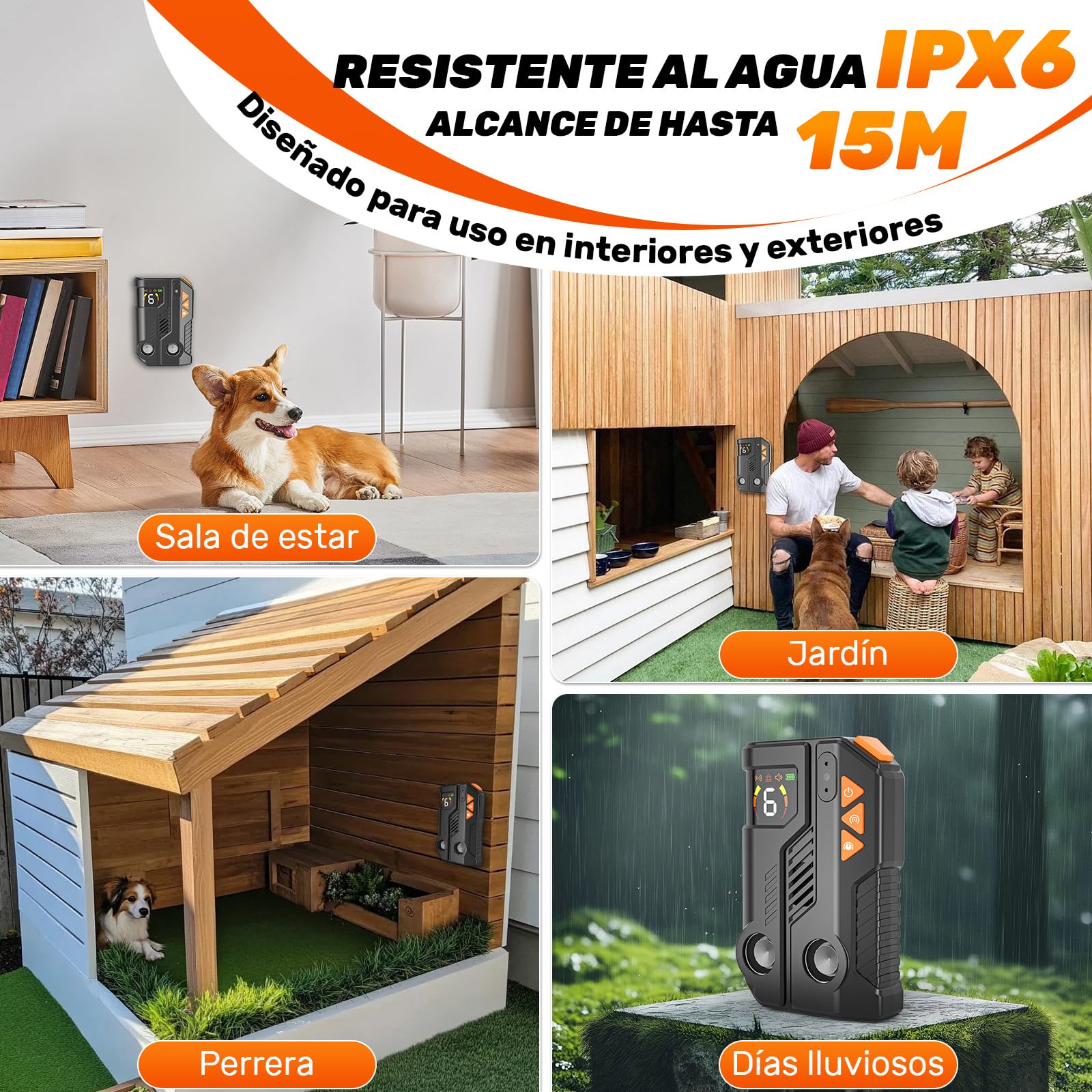 Antiladridos para Perros Dispositivo con AI Inteligente Interior Exterior, Ultrasonidos para Perros, Ahuyentador De Perros Ultrasonidos, 6x3 Ajustable, Doble Emisor IPX6 Recargable