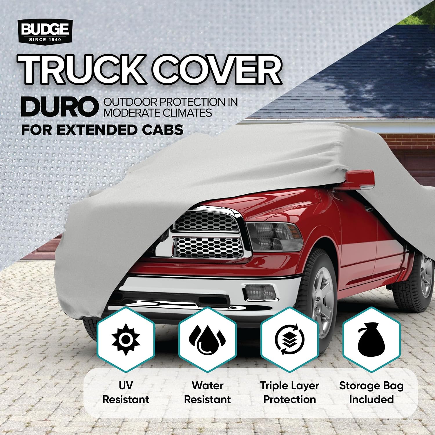 Budge Duro Truck Cover, 3-Layer UV, Water & Dust Resistant Outdoor Protection, Fits Extended Crew Cab Trucks up to 222 Inches, Gray