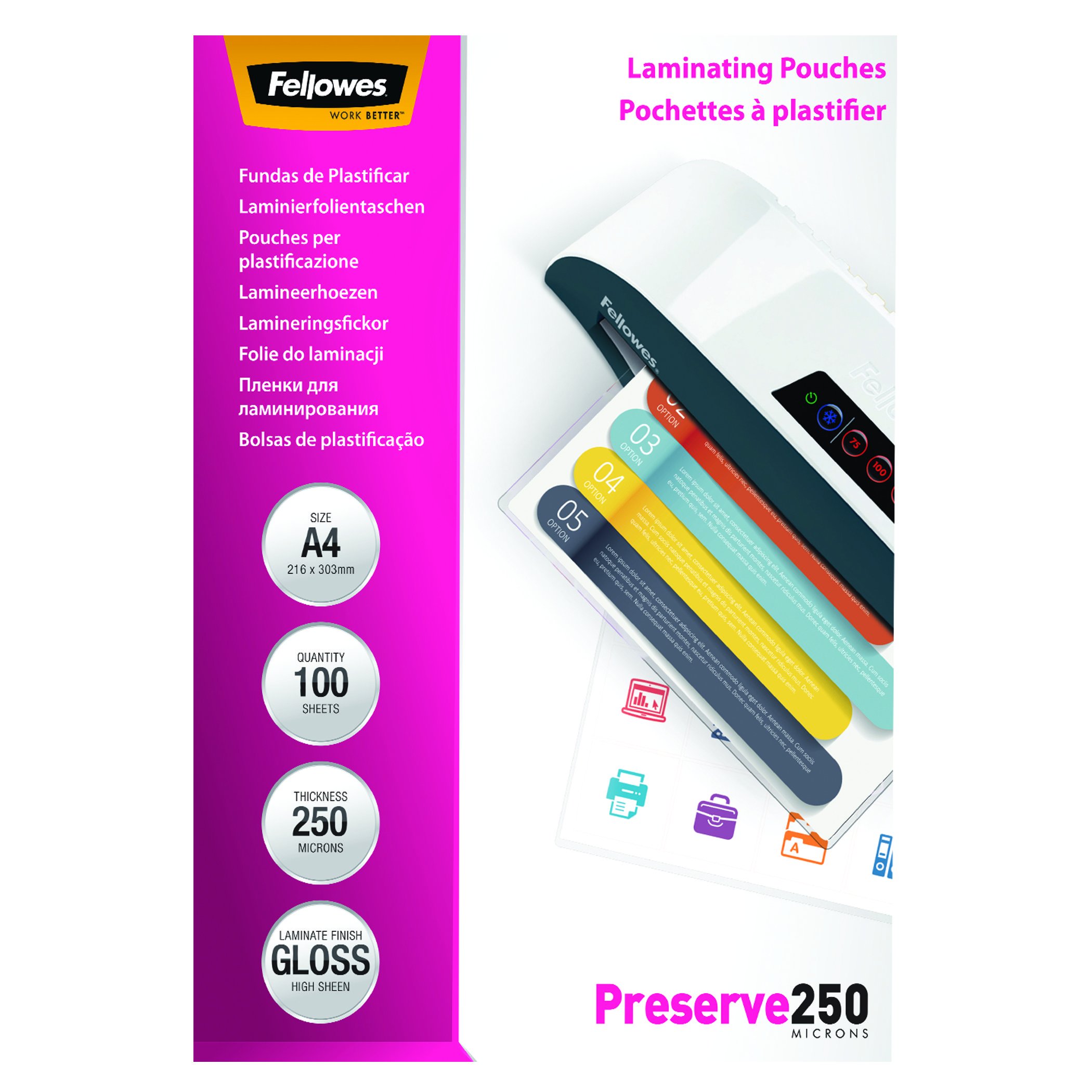 Fellowes Pack de 100 Pochettes de plastification à chaud A4-250 microns brillante & Pochettes de plastification 80 microns A4, pack de 100 pochettes, haute qualité, finition brillante, 5306114