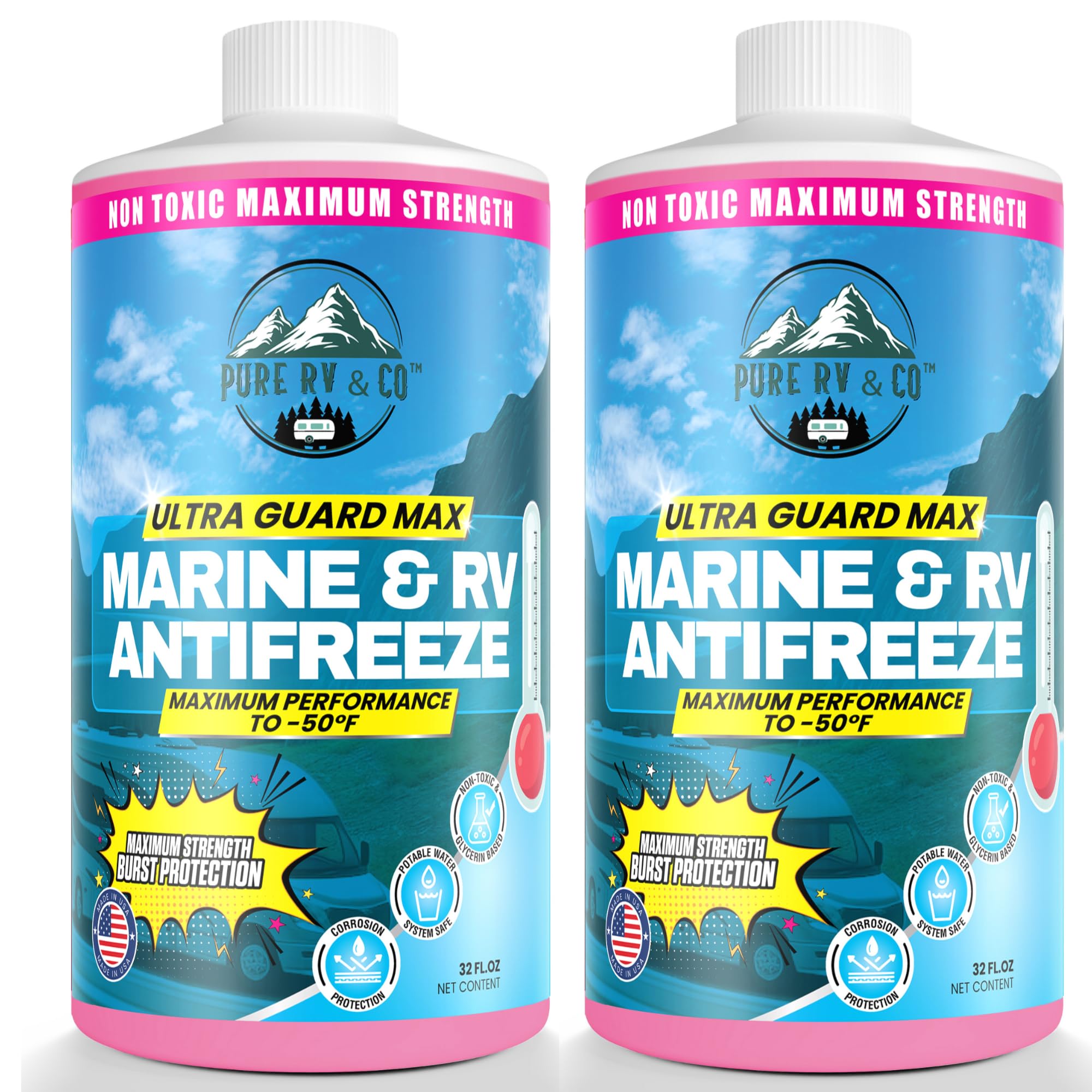 Antifreeze for Winterizing - Non-Toxic Ultra Guard Max Antifreeze -50°F (32oz 2 Pack) - Potable Water Safe Glycerin Formula - Camper, Boat &amp; Pool Anti Freeze Winterizing Fluid