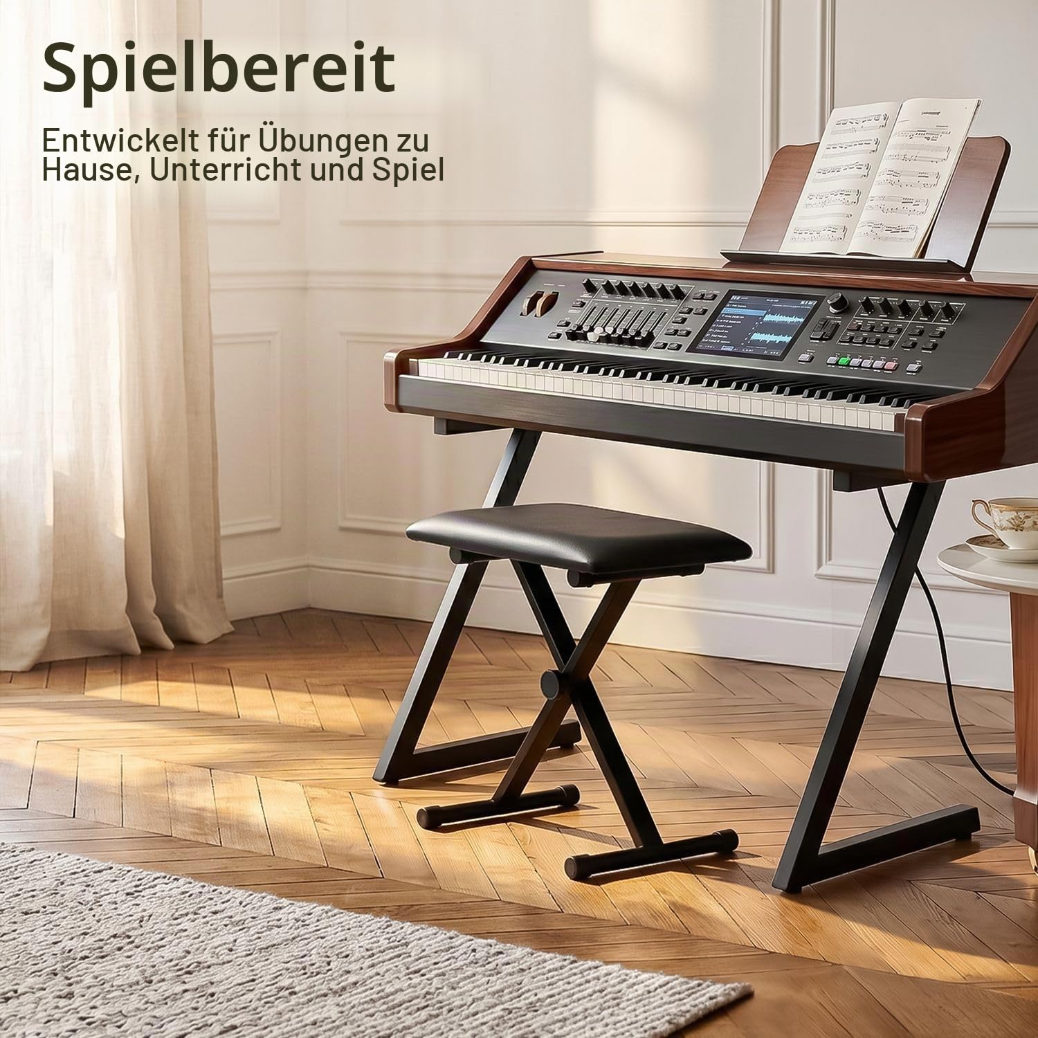 Flexzion Keyboard Hocker, Klavierhocker, klappbarer Klavierstuhl mit rutschfesten Gummifüßen, Klavierbank höhenverstellbar mit gepolstertem Sitz, Hocker und Bänke, für Kinder und Erwachsene, schwarz