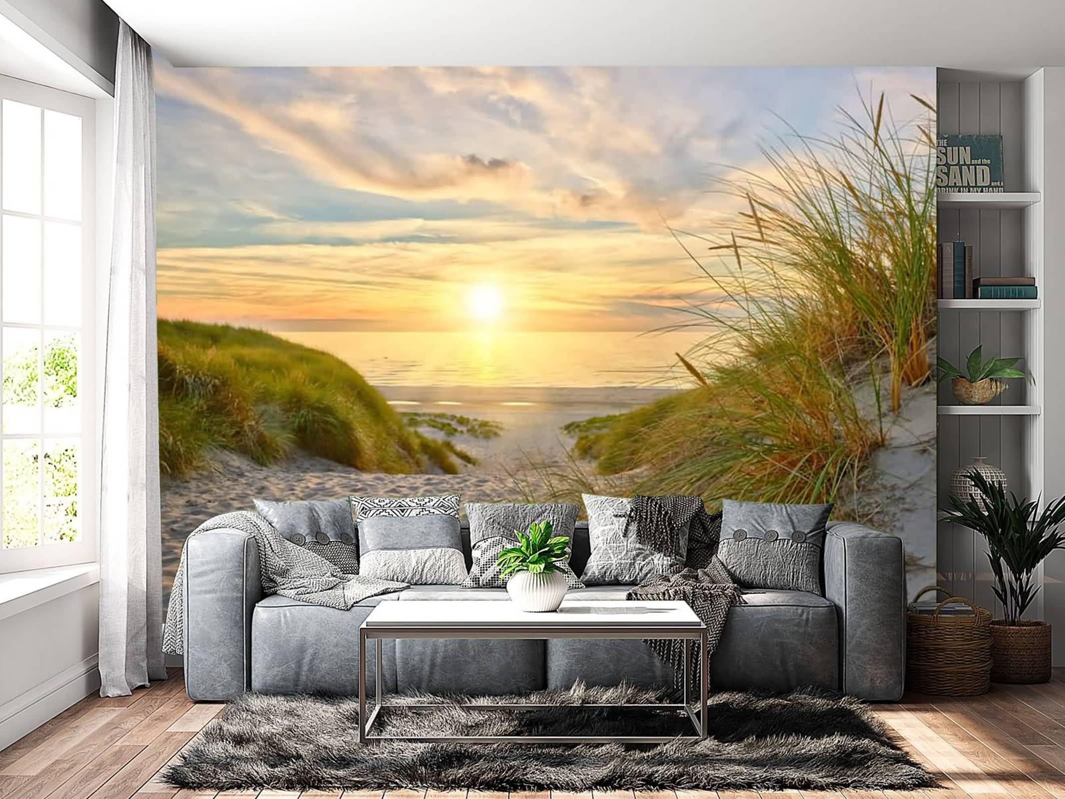 Musihy Tapisserie murale - Motif paysage de mer - 300 x 256 cm - Scène de coucher de soleil sur la mer - Pour salon, décoration d'intérieur - Jaune/vert/beige