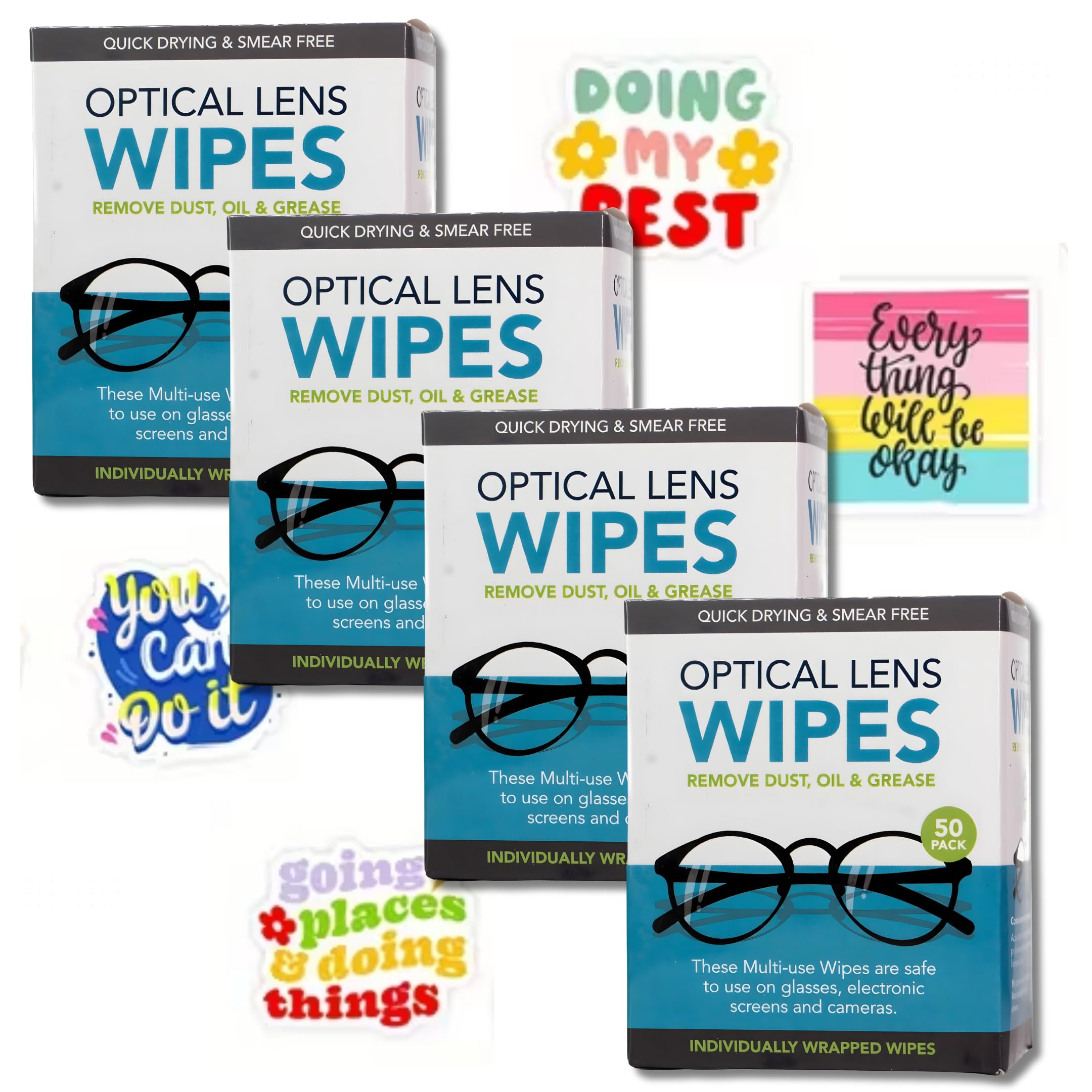 4 x Boxes of 50 Individually Wrapped Optical Lens Cleaning Wipes (200 Total) + 4 Random Motivational Reward Stickers Streak-Free Glasses Wipes for Lenses, Screens, and Cameras - Bundle by Kevagh