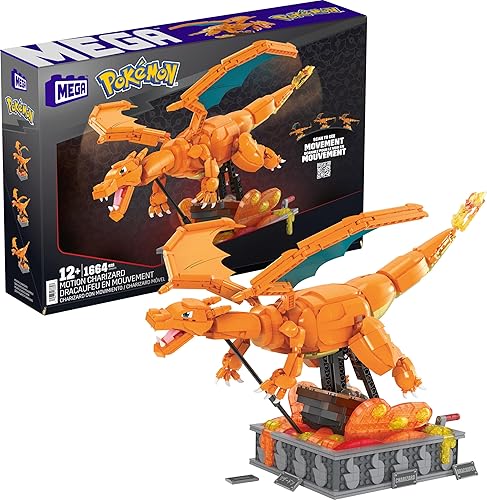 Miniatura 1 de MEGA Juego de juguetes de construcción Pokémon Motion Charizard con 1664 piezas y movimiento de ala, para coleccionistas adultos