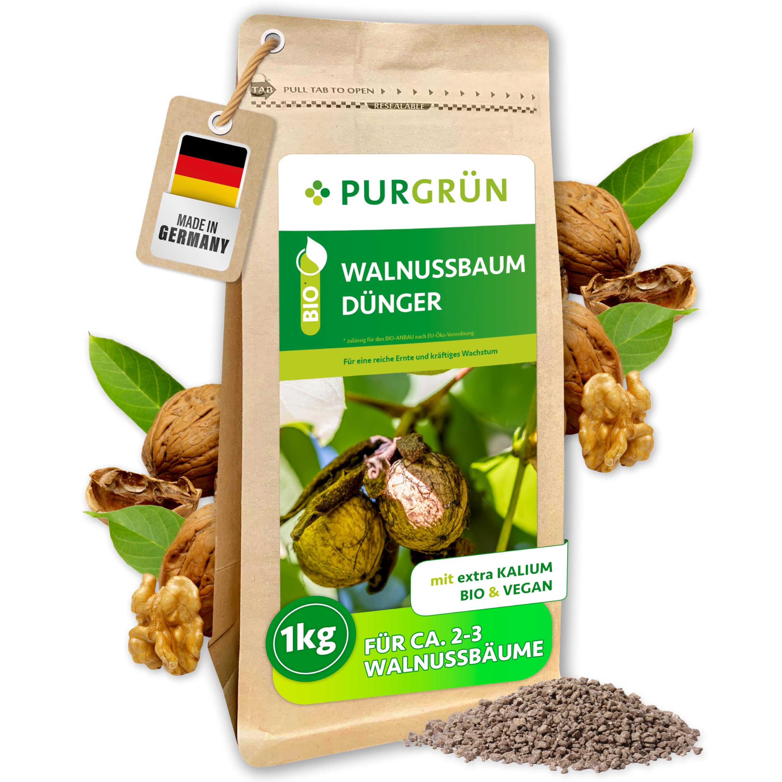 Bio-Walnussbaum-Dünger 1 kg – Organisch-mineralische Rezeptur – Feinkörniges Krümelgranulat – NPK 6+2+7 – Mit Magnesium für aromatische Nüsse – Verbessert die Bodenqualität