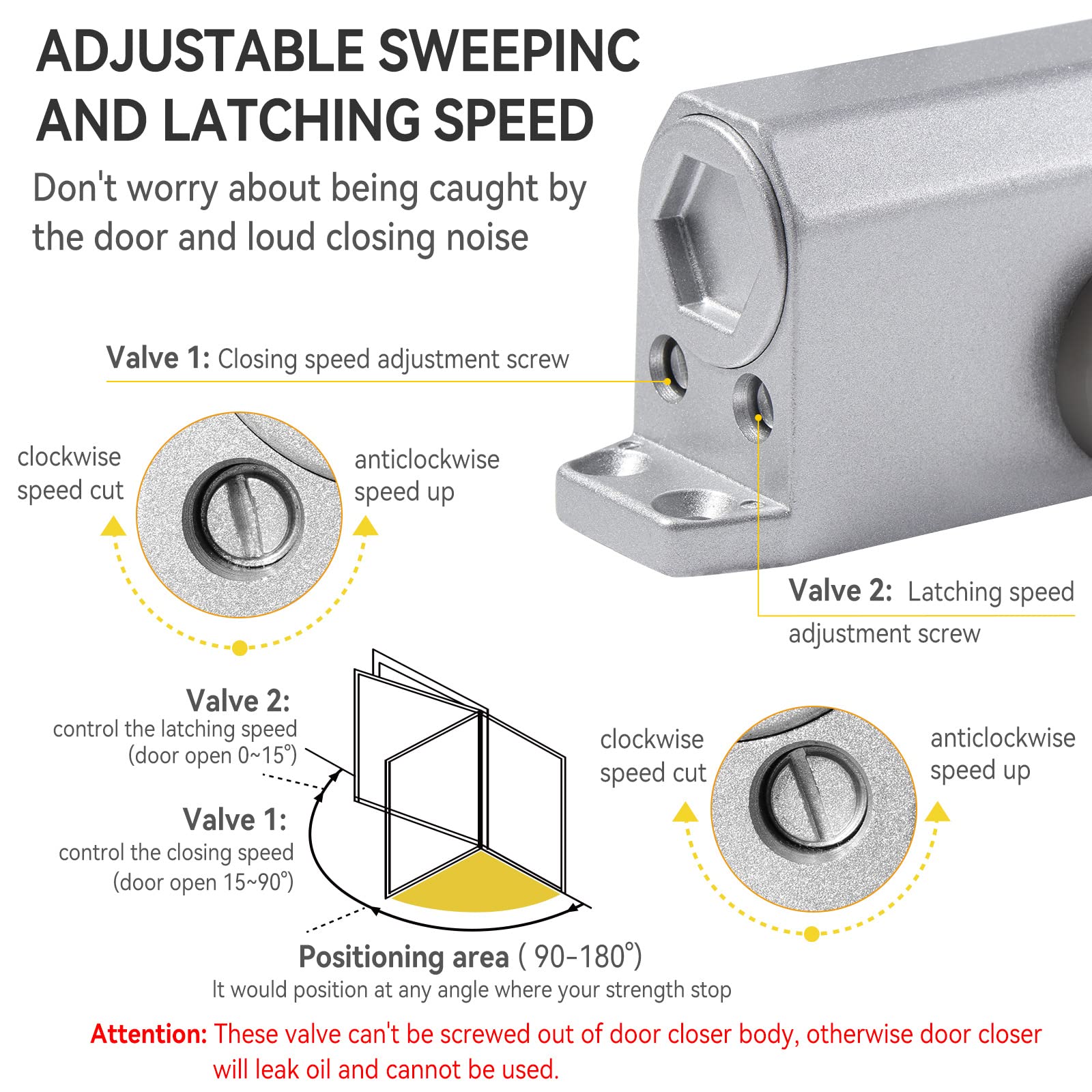 WDONAY 1 ferme-porte en alliage d'aluminium, fermeture automatique silencieuse, convient pour un poids de porte de 15 à 30 kg (noir) accessoires à vis