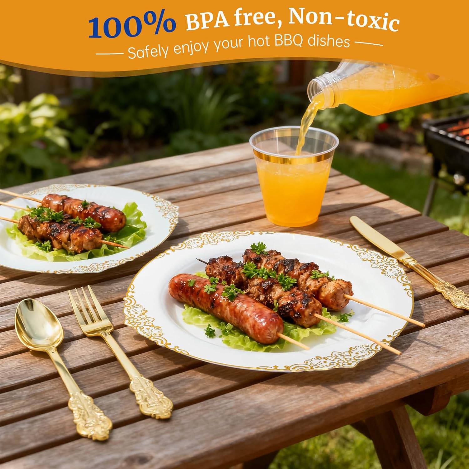 AIRE 175PCS Gold Plastic Plates for Party Supplies Dinnerware Sets for 25 Guests, Vintage Disposable Plastic Party Plates Cups Spoons Forks Knives Napkins for Wedding Birthday Christmas BBQ Parties - Image 4